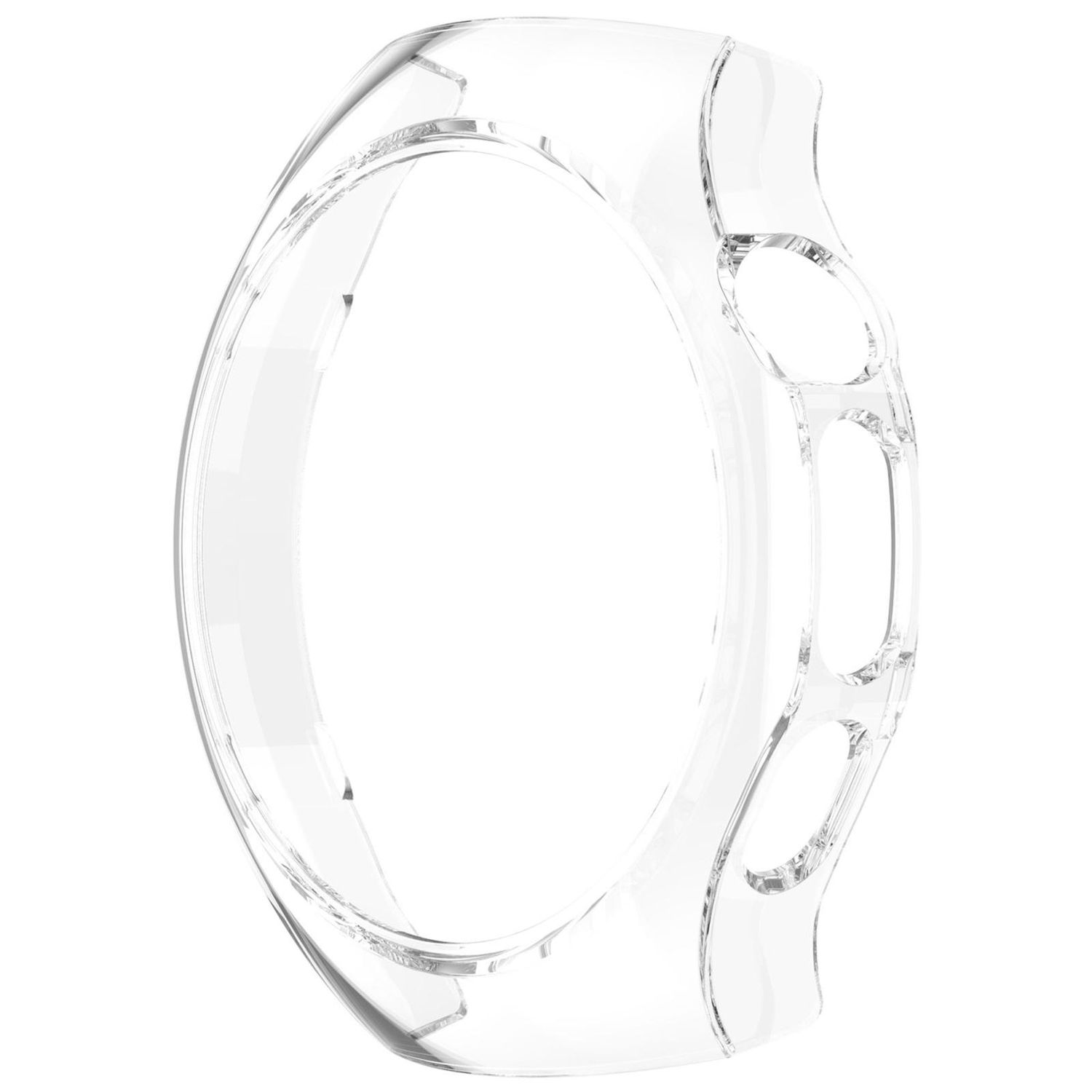 Ein durchsichtiges Uhrengehäuse. Das Gehäuse ist transparent und hat drei seitliche Öffnungen.