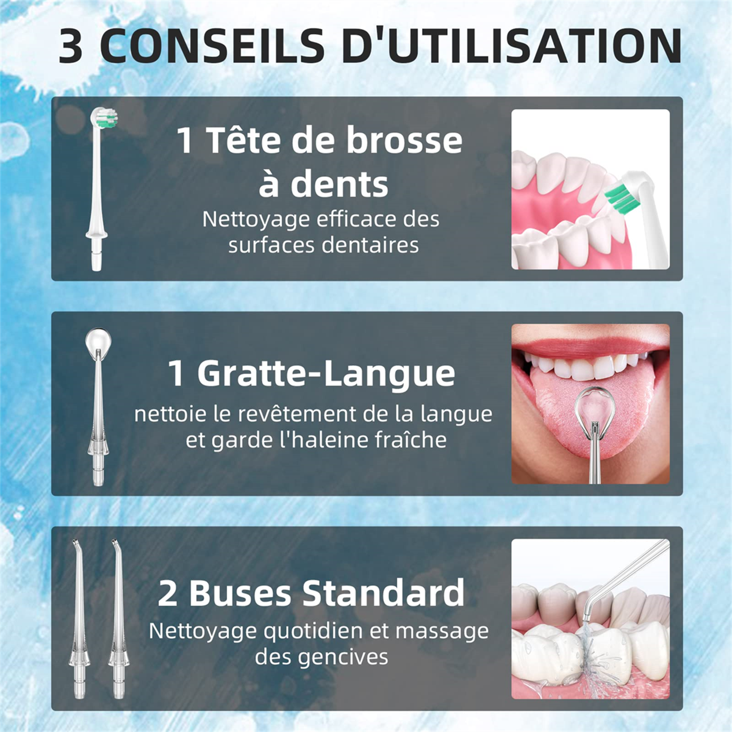 Diagramm mit drei Tipps zur Verwendung eines Munddusche, mit Illustrationen und französischem Text.