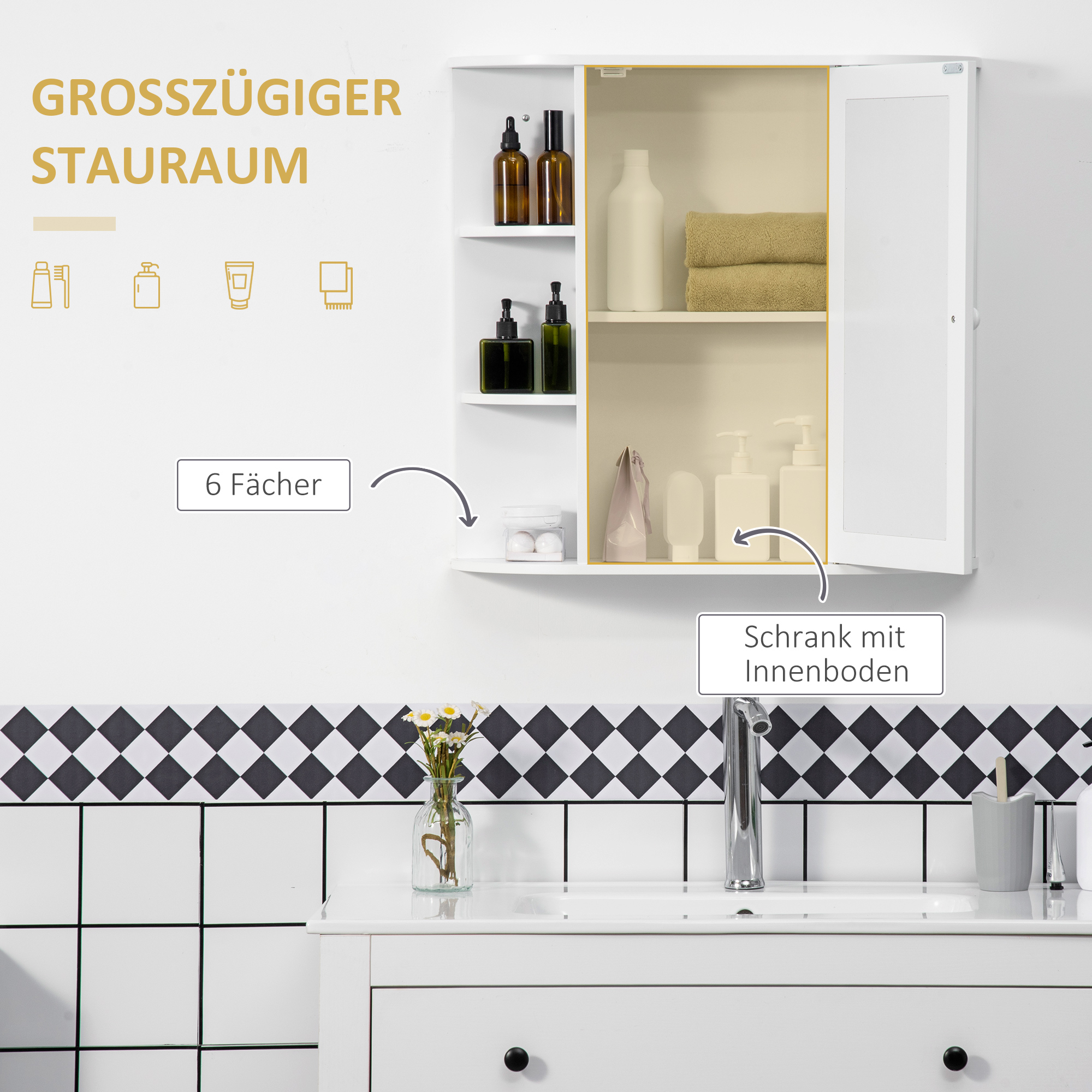 Weißer Badezimmerschrank mit offener Tür. Regale mit Flaschen und Handtüchern. Waschbecken und Wasserhahn.
