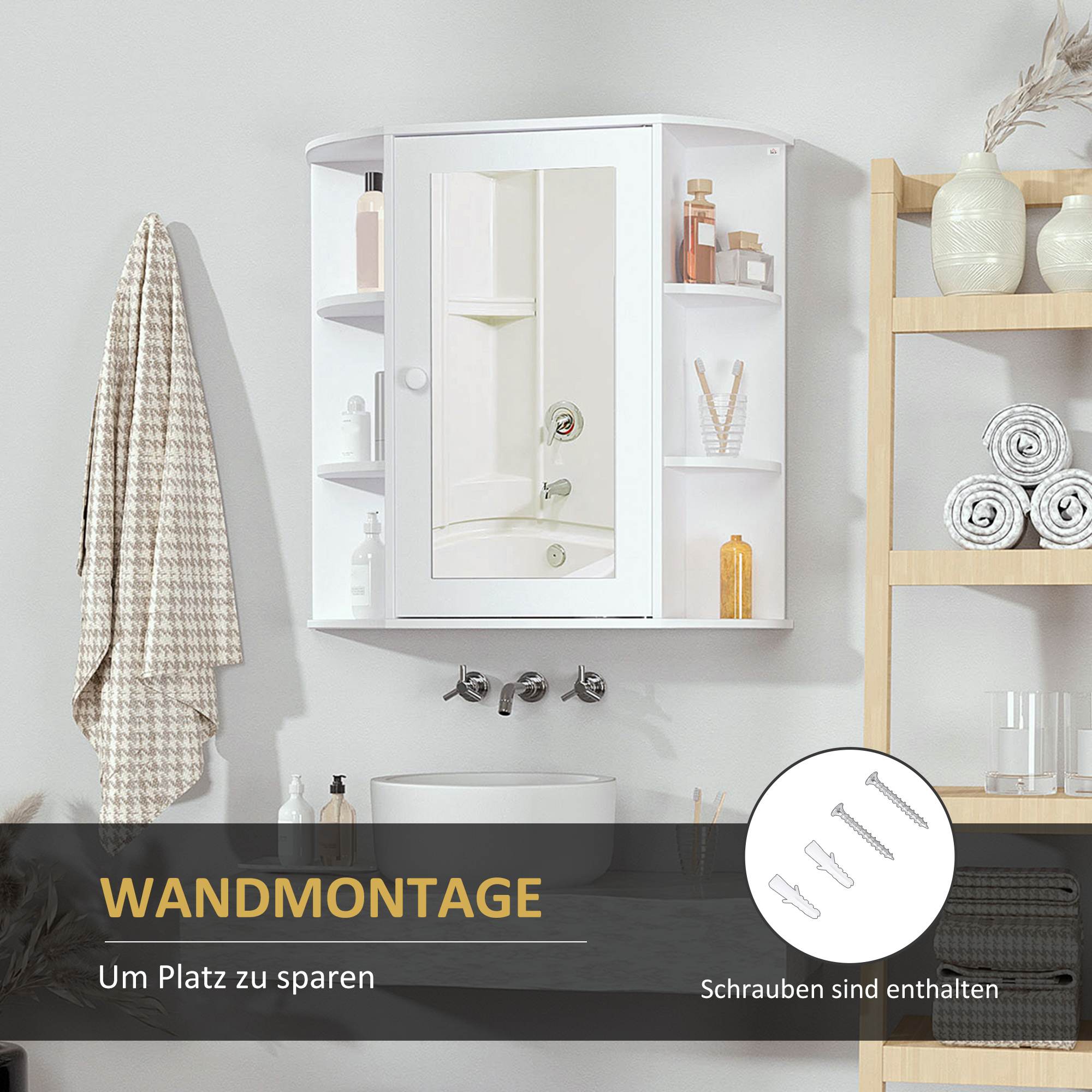 Weißer Badezimmerschrank mit Spiegeltür. Handtuch an der Seite, Schrauben im Kreis und Waschbecken.