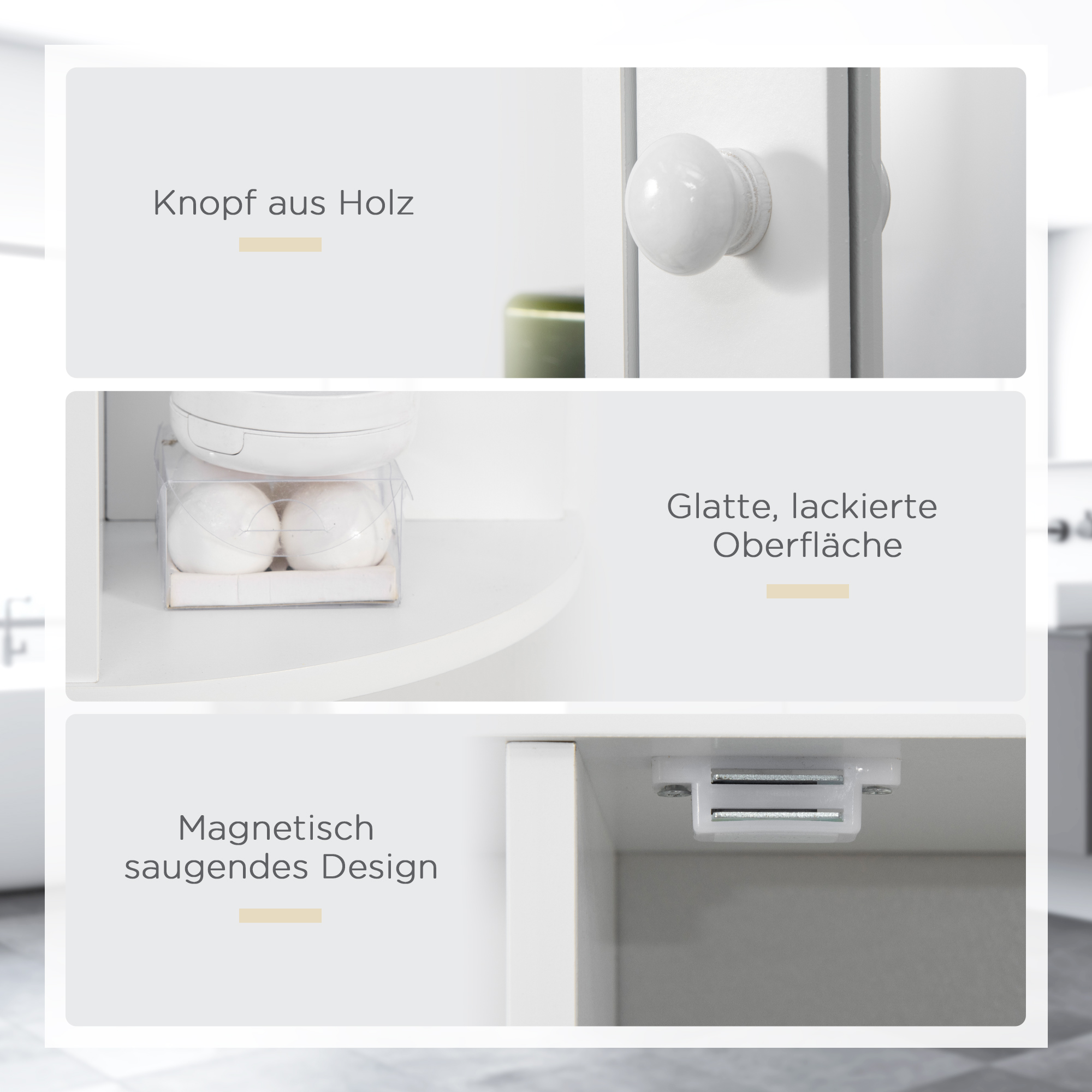 Nahaufnahme von Schrankdetails: Holzknauf, weiße Tür und Magnetverschluss.