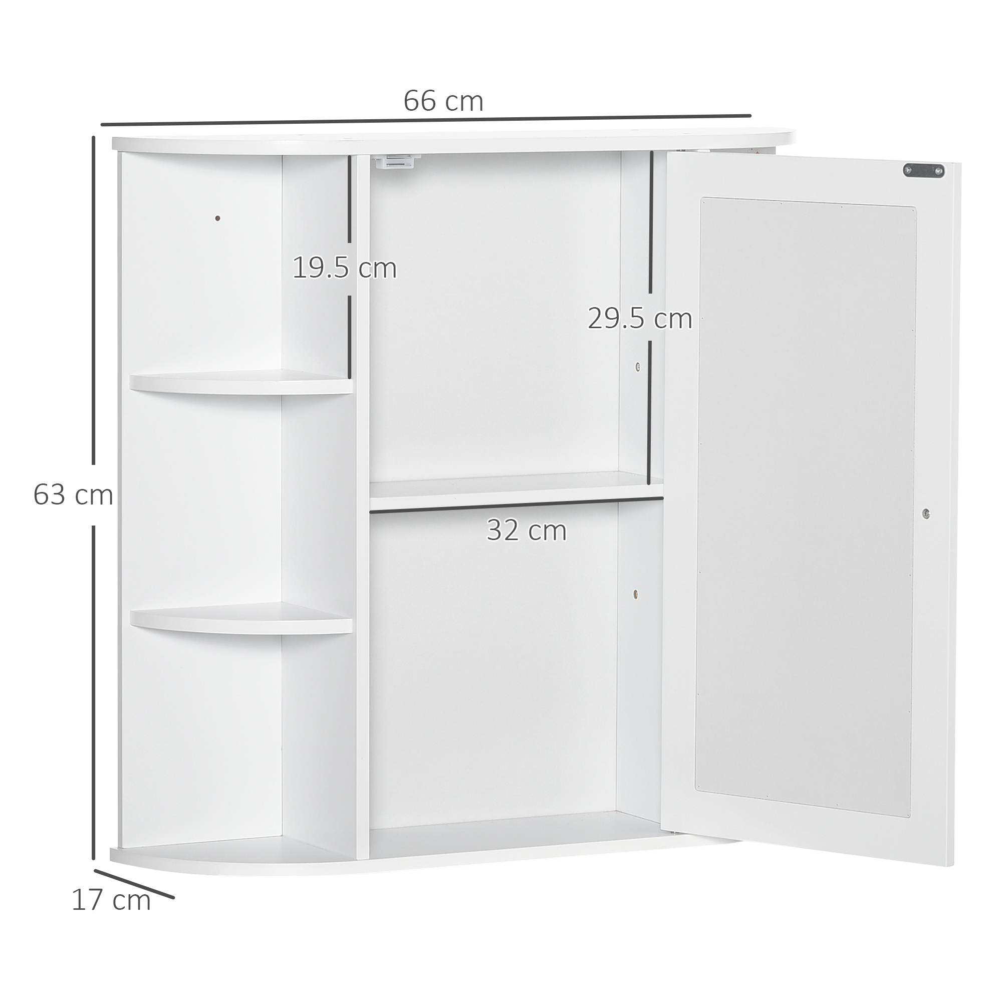 Weißer Badezimmerschrank mit Abmessungen. Offene Tür mit Regalen und Spiegel innen.