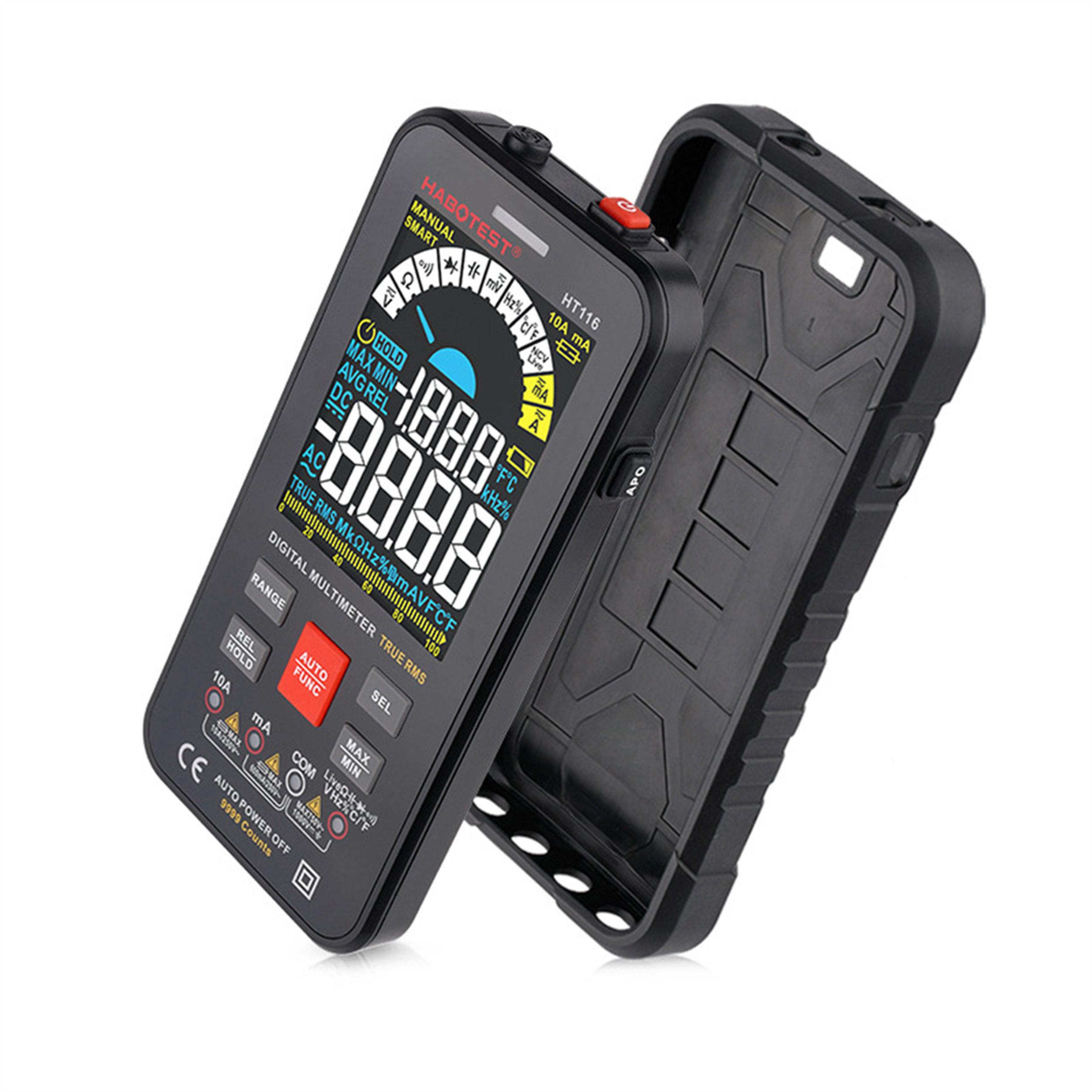 Ein digitales Multimeter mit seiner schwarzen Schutzhülle. Der Bildschirm zeigt Zahlen und Symbole.