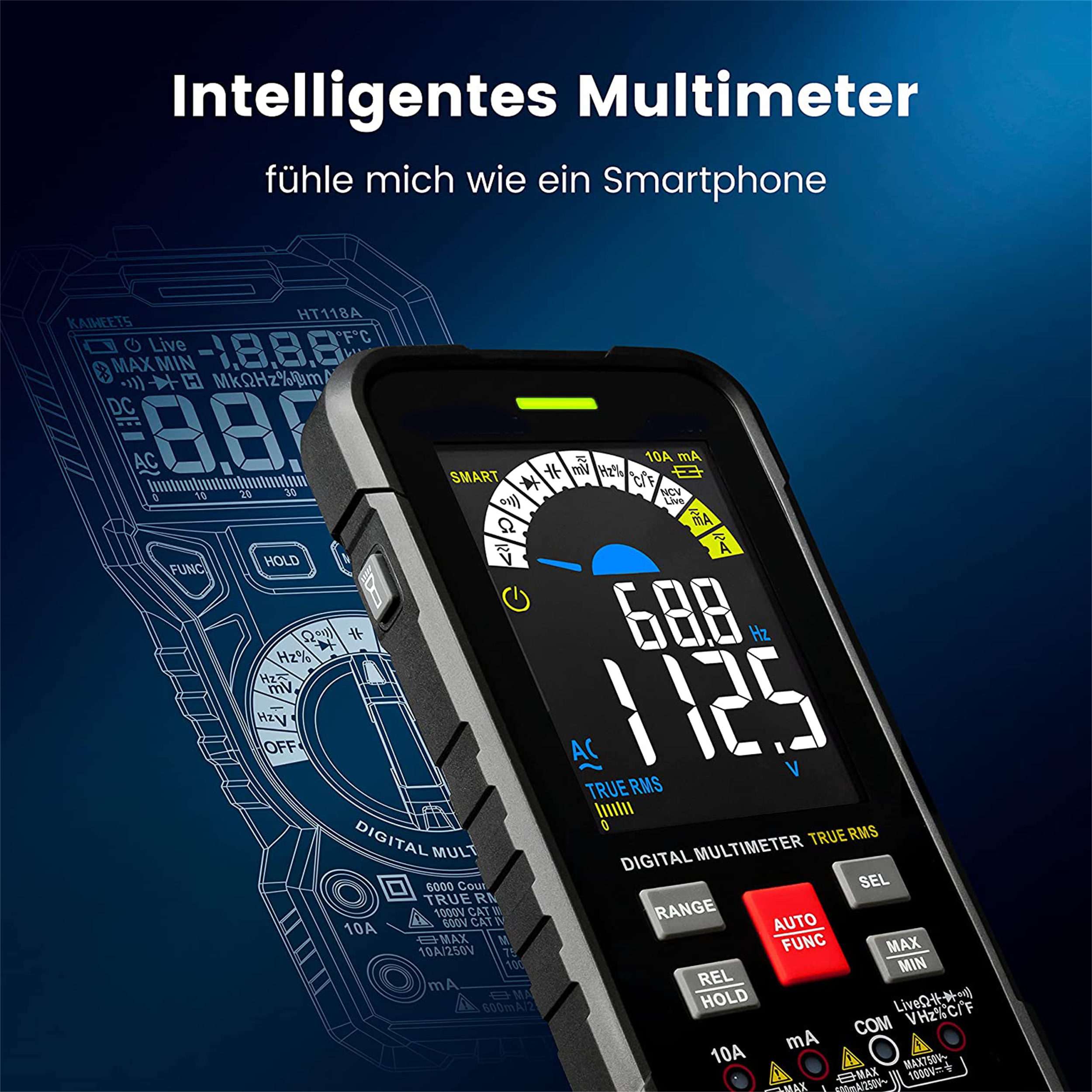 Ein digitales Multimeter mit Anzeigen, mit detailliertem Diagramm-Overlay, auf dunklem Hintergrund.