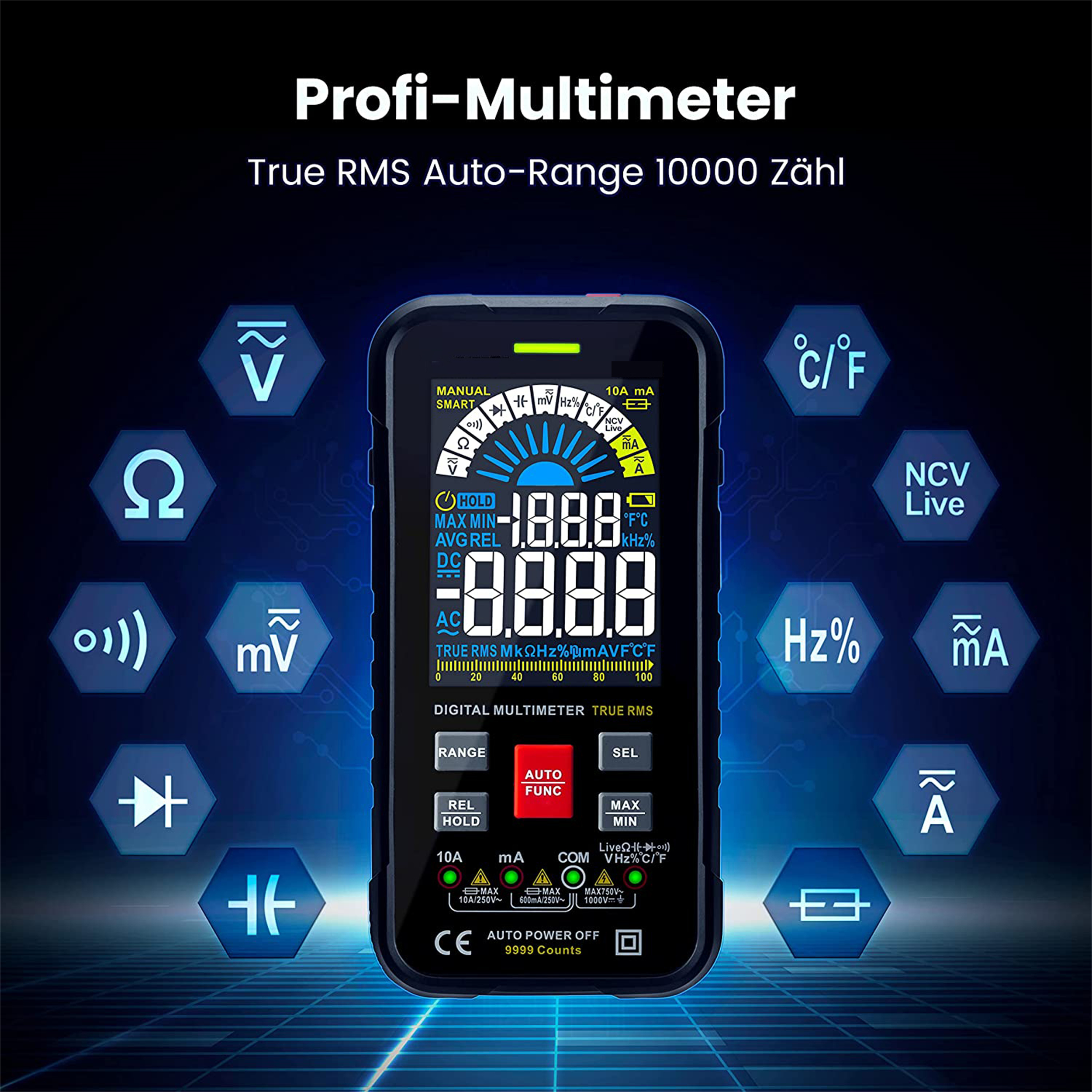 Ein digitales Multimeter mit verschiedenen Symbolen und Anzeigen auf dem Display, auf schwarzem Hintergrund.