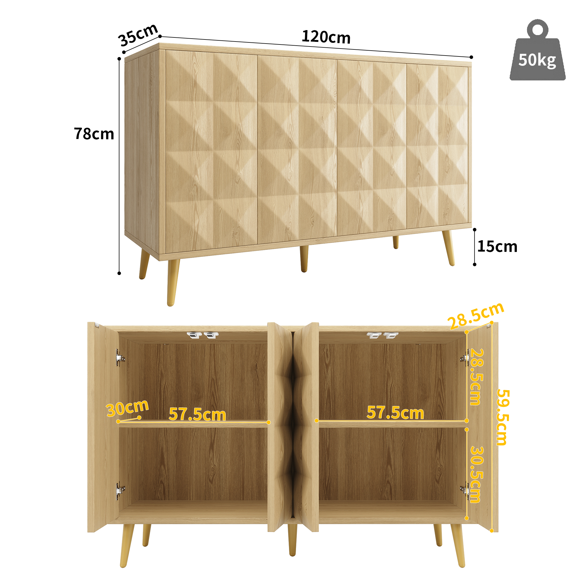 Ein helles Holzschrank mit drei Türen. Abmessungen und Gewicht (50kg) beschriftet.