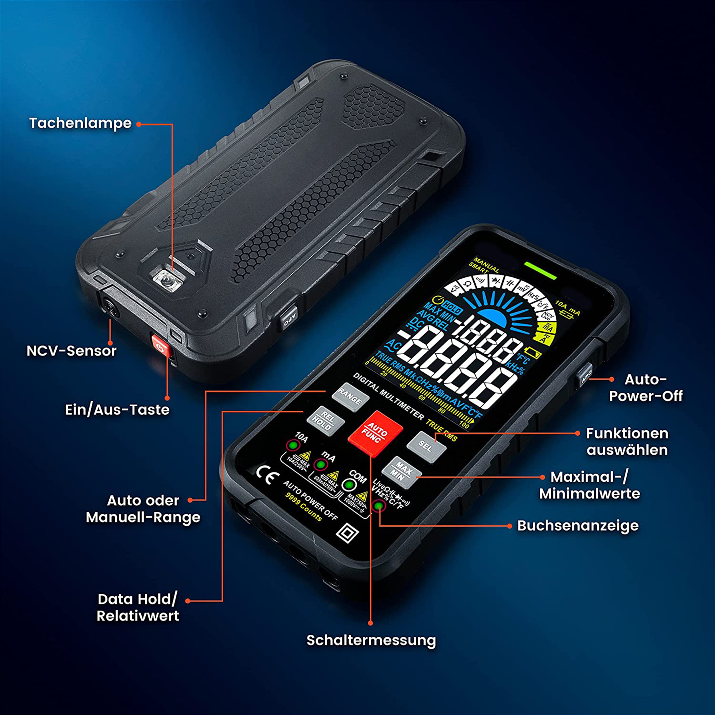 Digitalmultimeter mit deutschen Beschriftungen. Enthält eine Nahaufnahme der Rückseite des Geräts.