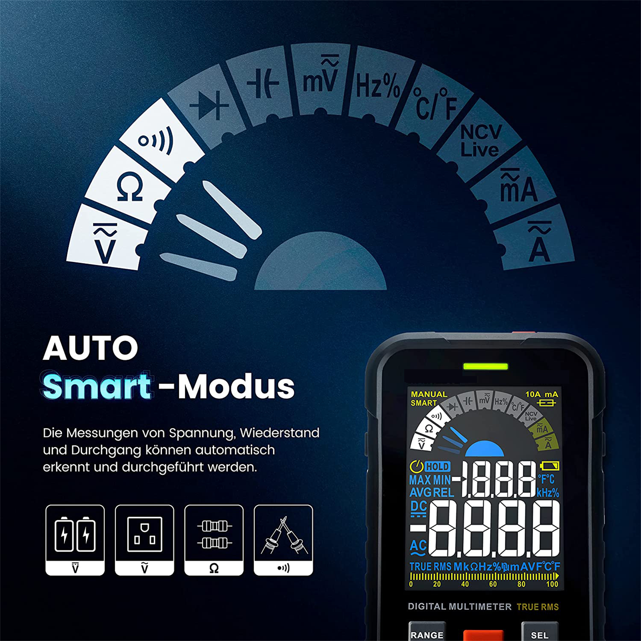 Multimeter mit Digitalanzeige. Verschiedene Symbole sind vorhanden.