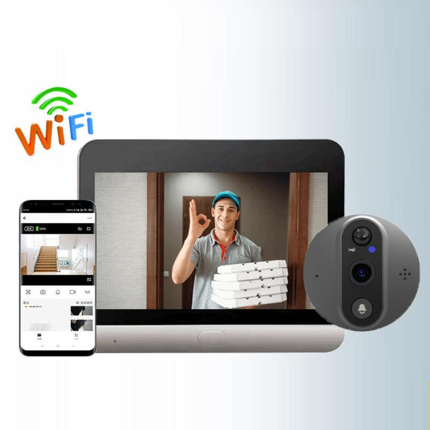 Ein intelligentes Türklingelsystem mit Bildschirm, der einen Lieferanten zeigt. Telefon und WLAN-Symbol sichtbar.
