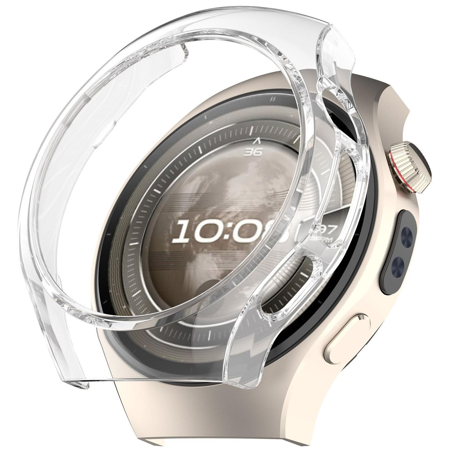 Smartwatch con custodia trasparente. Il quadrante è visibile, mostrando l'ora e le metriche.