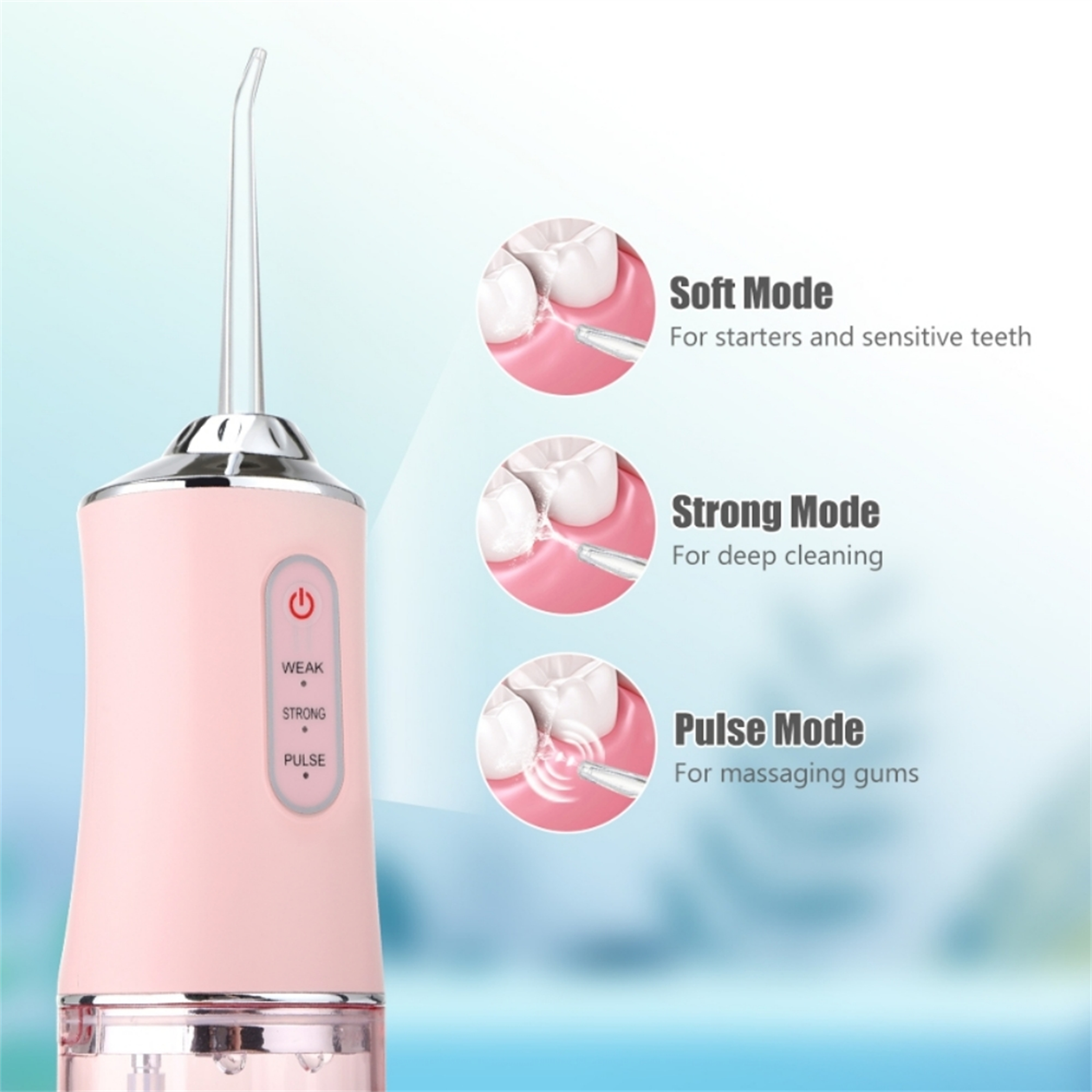 Rosa und weißer Dentalwasser-Flosser. Drei Modi werden mit Diagrammen gezeigt: Weak, Strong und Pulse.