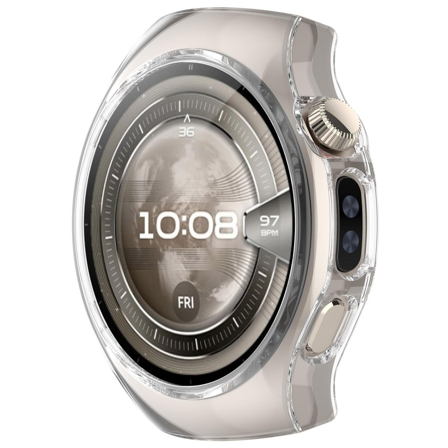 Smartwatch con custodia trasparente, il quadrante è visibile, mostrando l'ora e le metriche.