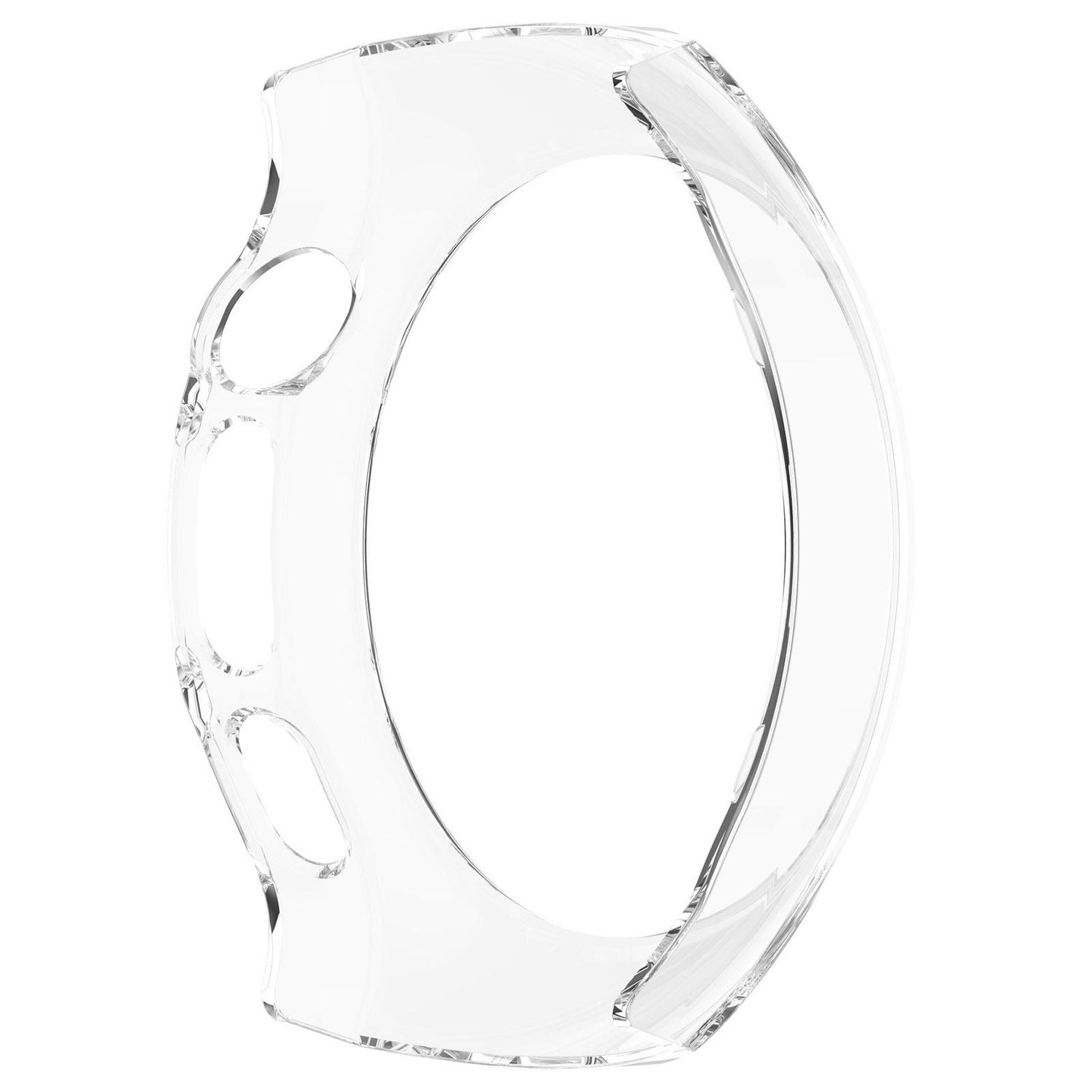 Custodia protettiva trasparente per uno smartwatch, sagomata per un orologio rotondo. Vista laterale.