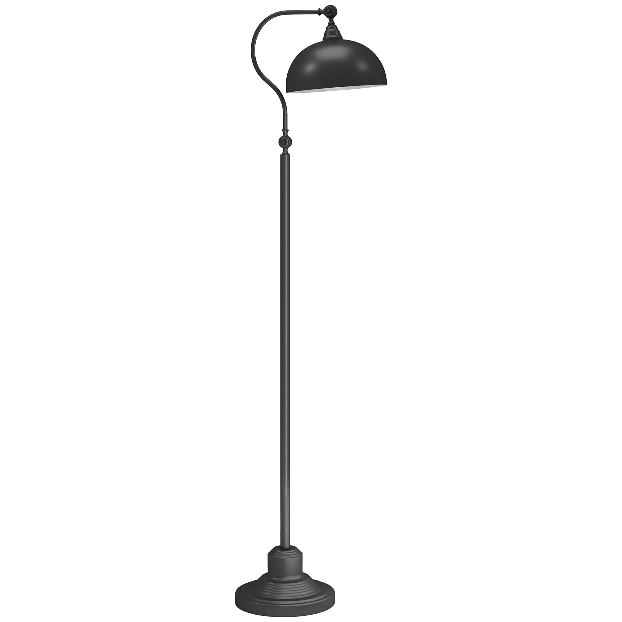 Eine schwarze Stehlampe mit gebogenem Arm und Schirm, auf weißem Hintergrund, zeigt ein schlichtes Design.