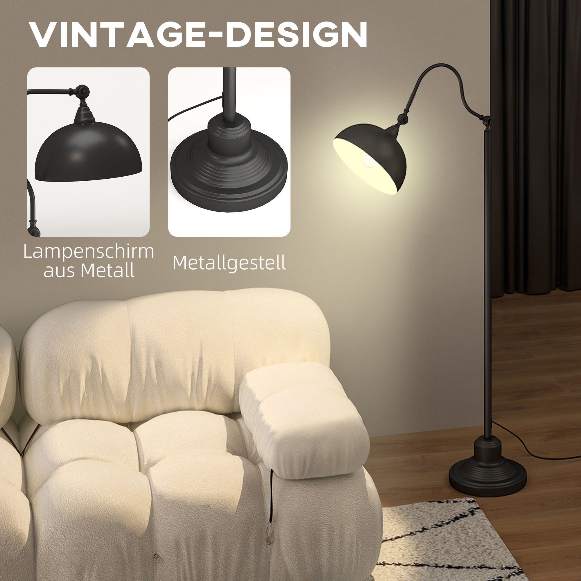 Vintage-Design Stehlampe mit schwarzem Schirm und Fuß, mit Lampenteilen und weißer Couch gezeigt.