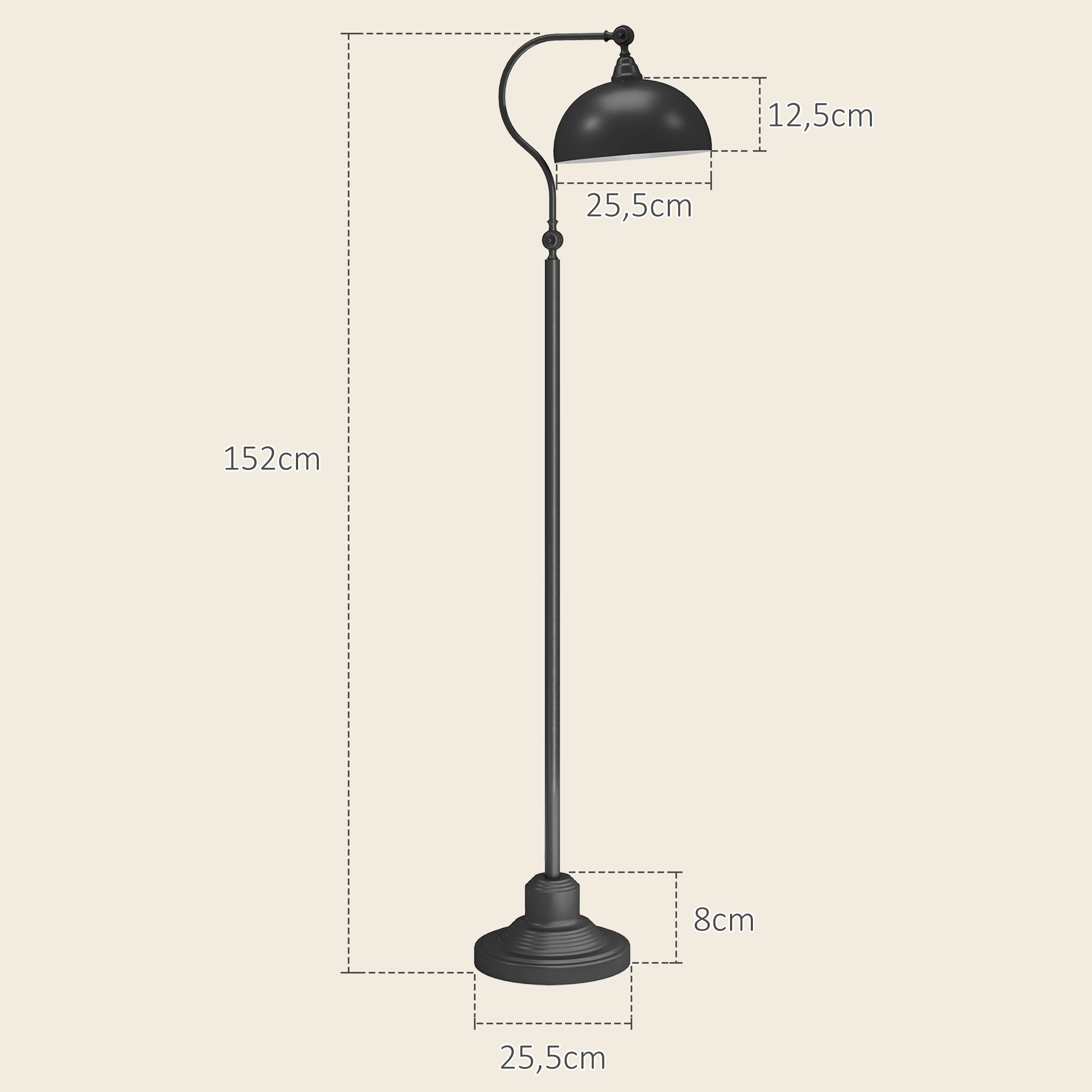 Schwarze Stehlampe mit geschwungenem Arm und rundem Lampenschirm. Abmessungen sind angegeben.
