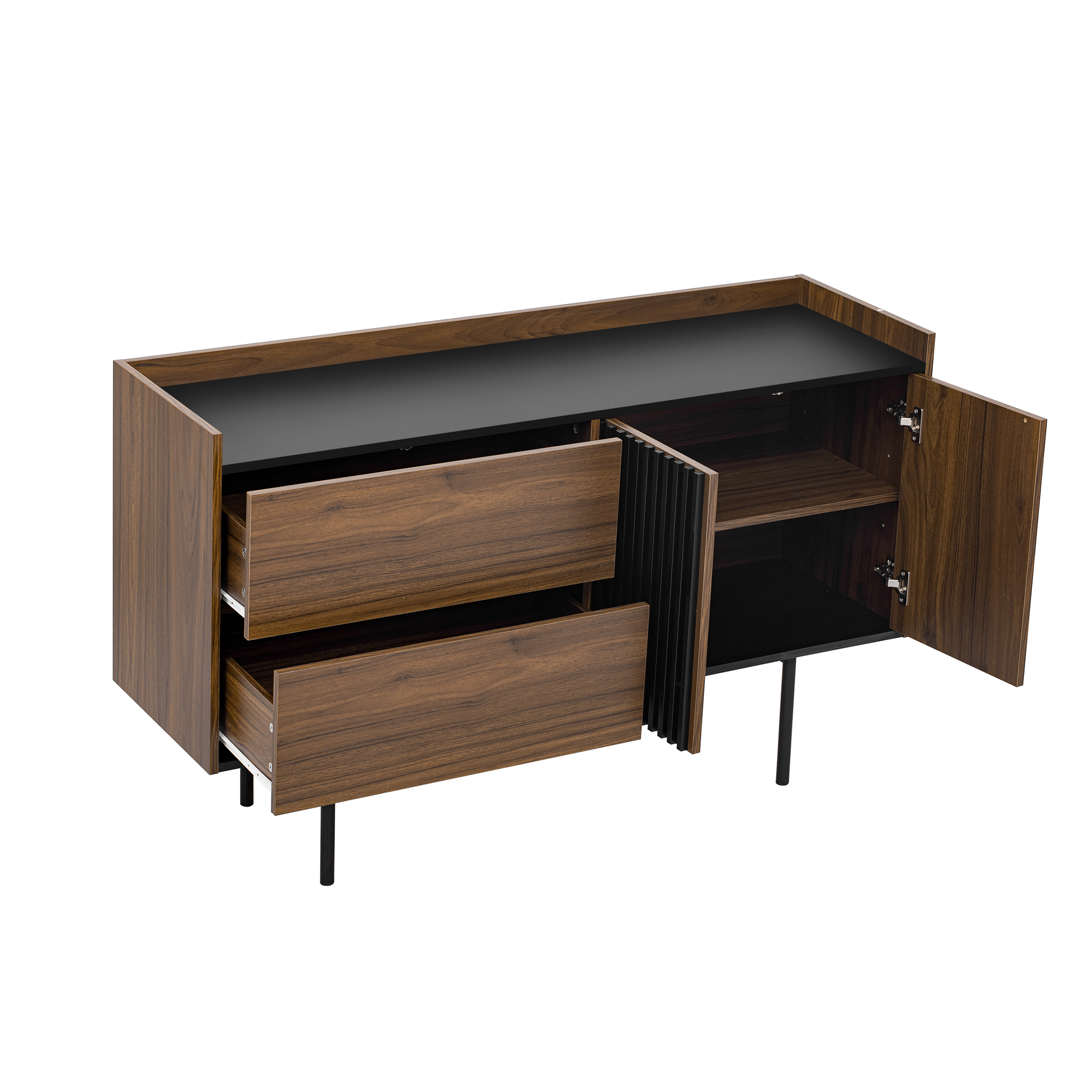 Ein Holzschrank mit geöffneten Schubladen und Türen, der Stauraum und schwarzen Innenraum zeigt.