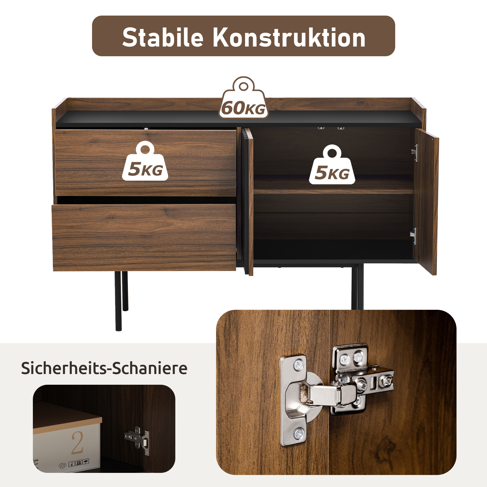 Holzschrank mit offenen Schubladen und Türen. Details zeigen Scharnier und Gewichtsbeschränkungen.