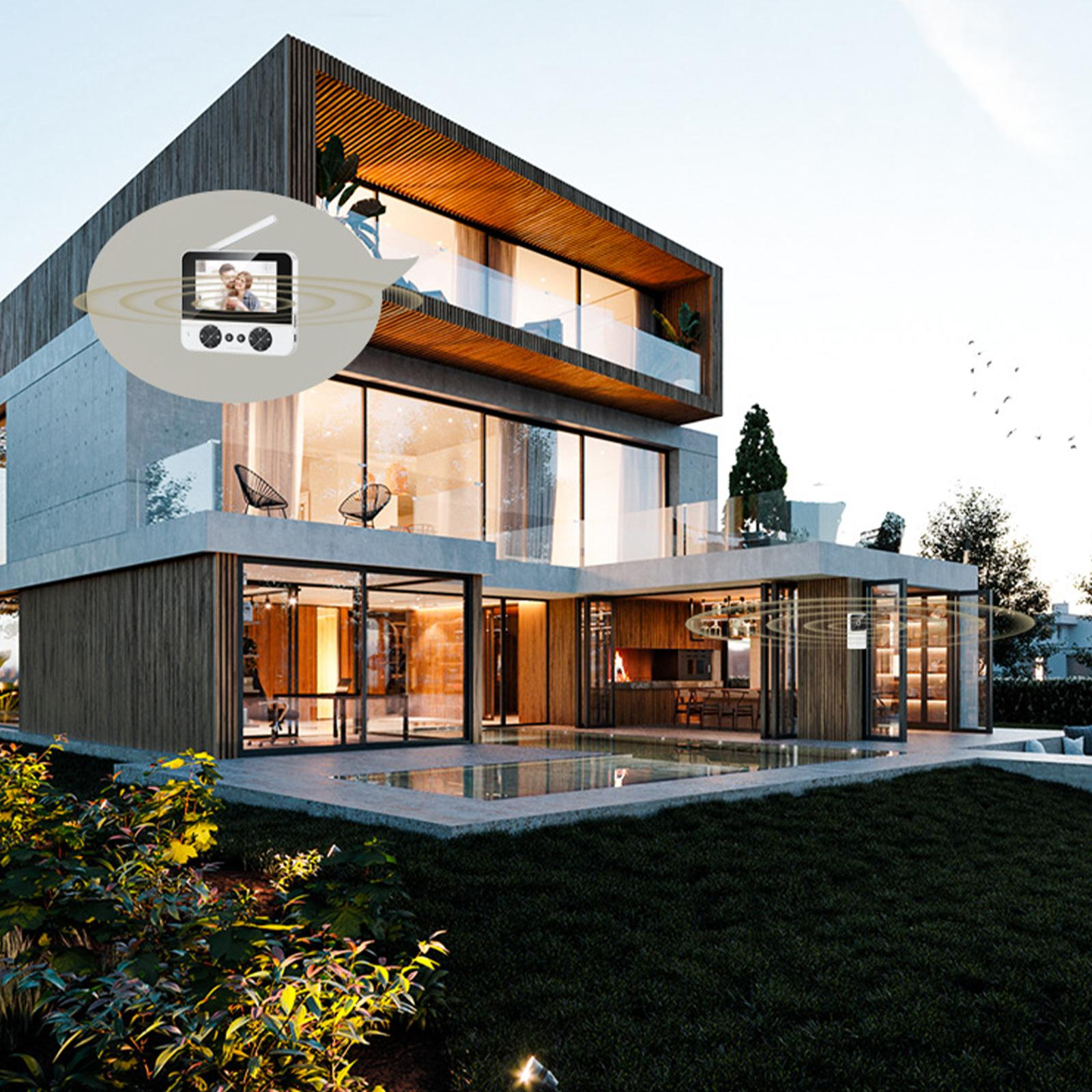 Ein modernes Haus mit Pool und Rasen, mit einem kleinen Bildschirm, der einen Videoanruf zeigt.
