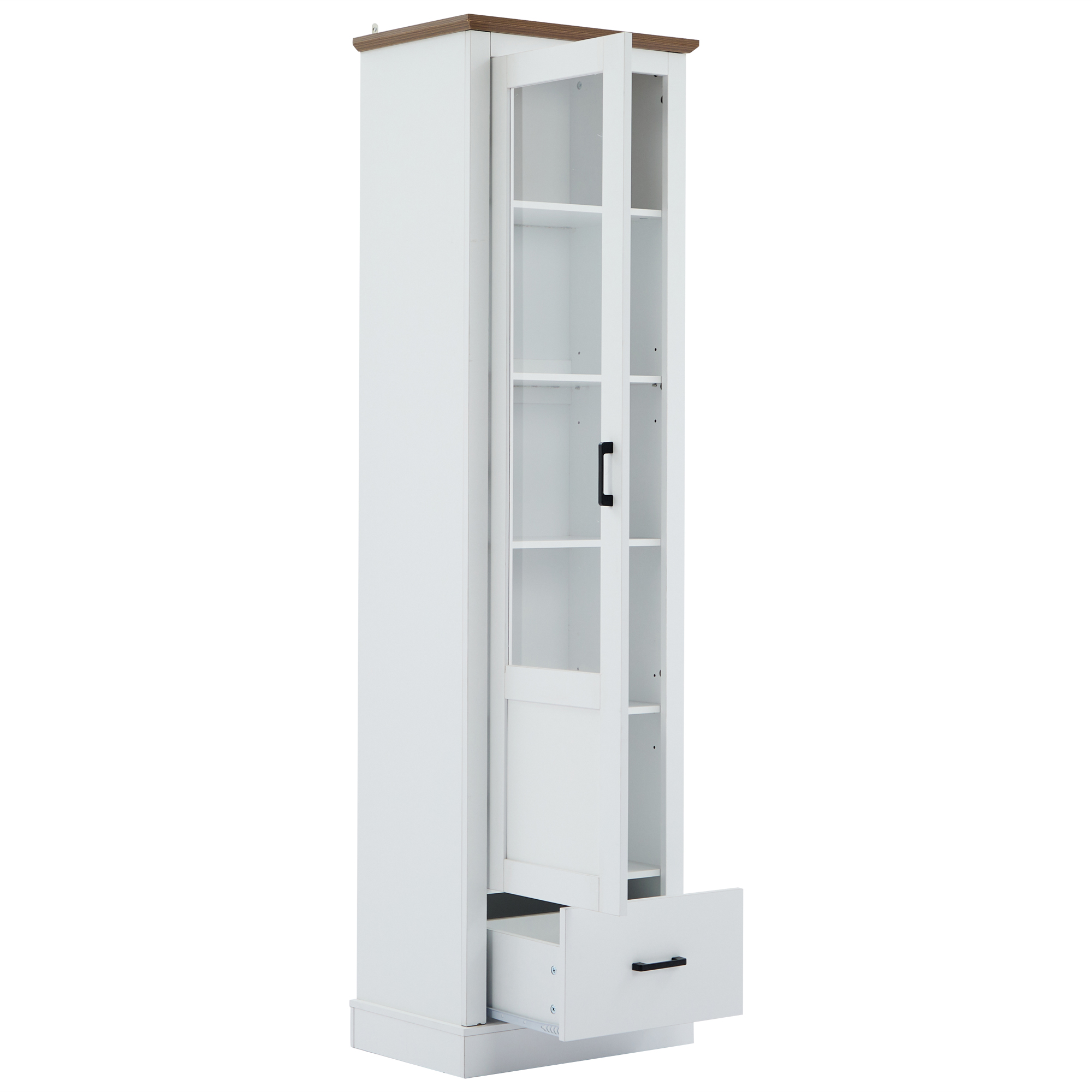 Hoher weißer Schrank mit Glastür. Die Tür ist geöffnet und zeigt Regale und eine Schublade.