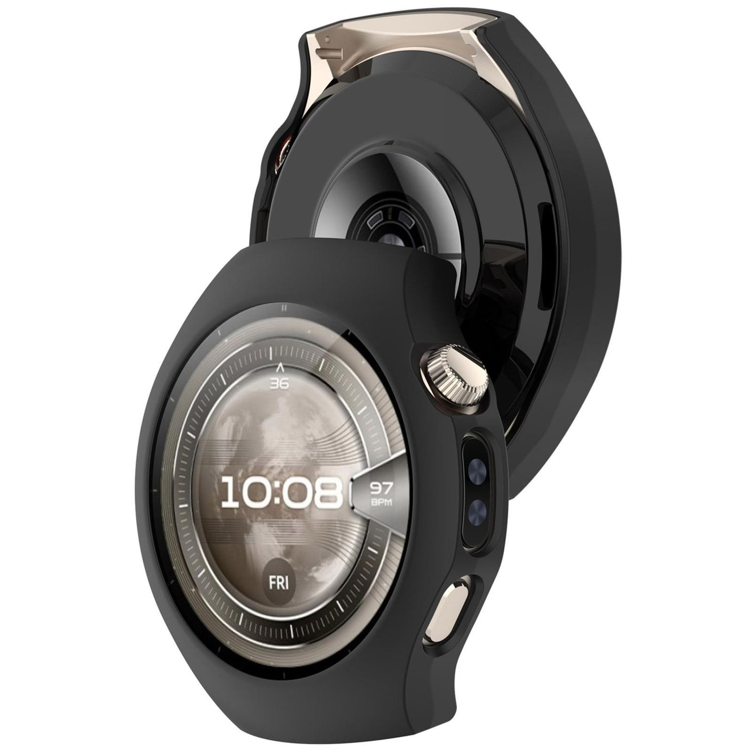 Nahaufnahme einer schwarzen Smartwatch. Es hat ein rundes Zifferblatt, das die Zeit und Daten anzeigt.