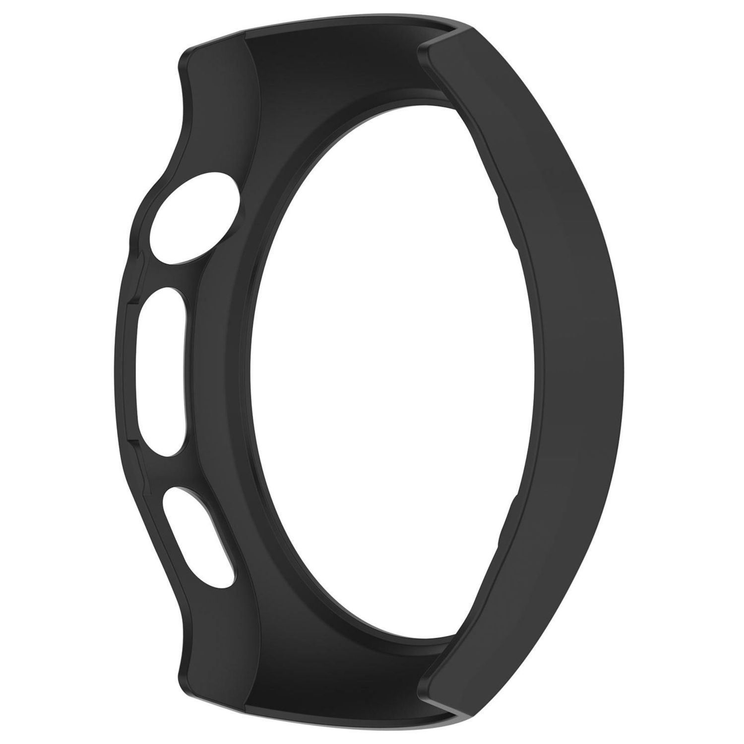 Schwarze Smartwatch-Lünette mit drei Öffnungen. Die Lünette ist gebogen und hat eine glatte Oberfläche.