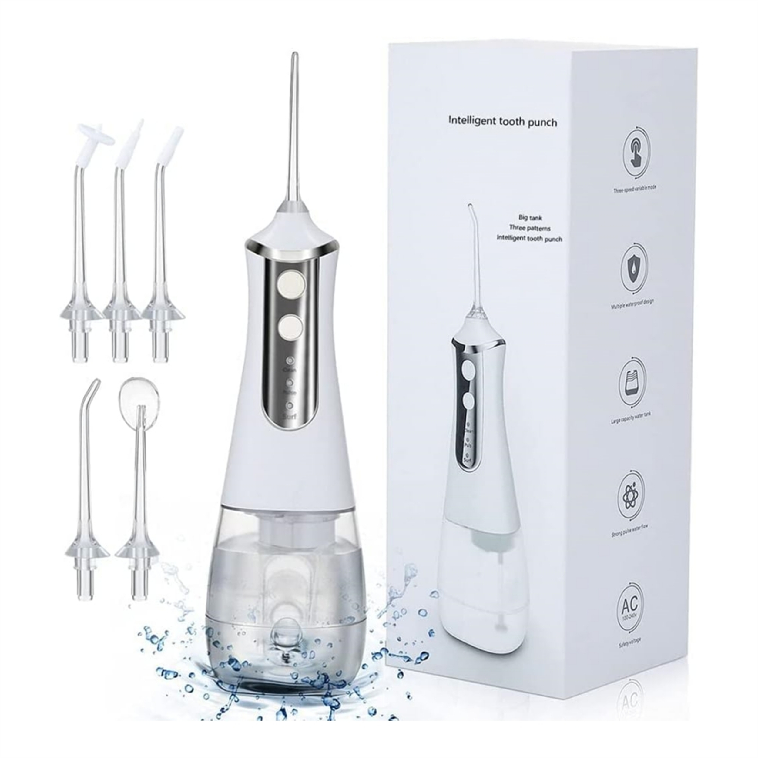Ein weißer und silberner Wasserflosser mit Aufsätzen. Das Produkt befindet sich in einer Box. Es gibt auch zusätzliche Flosserköpfe.