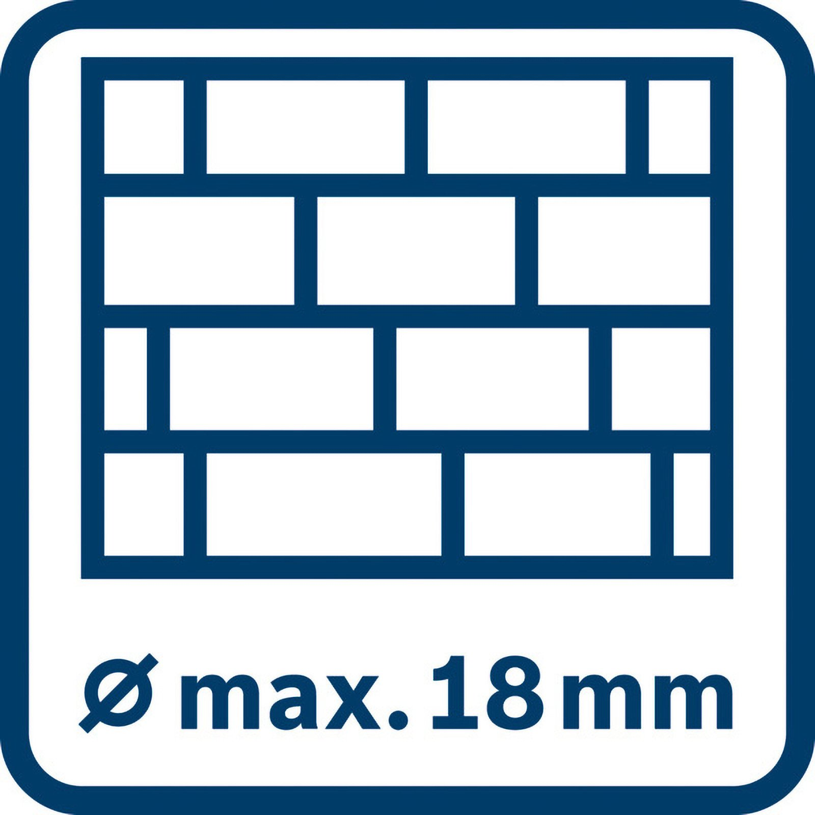 Ein blaues Quadrat mit einem weißen Backsteinmuster und dem Text 'Ø max. 18 mm' unten.
