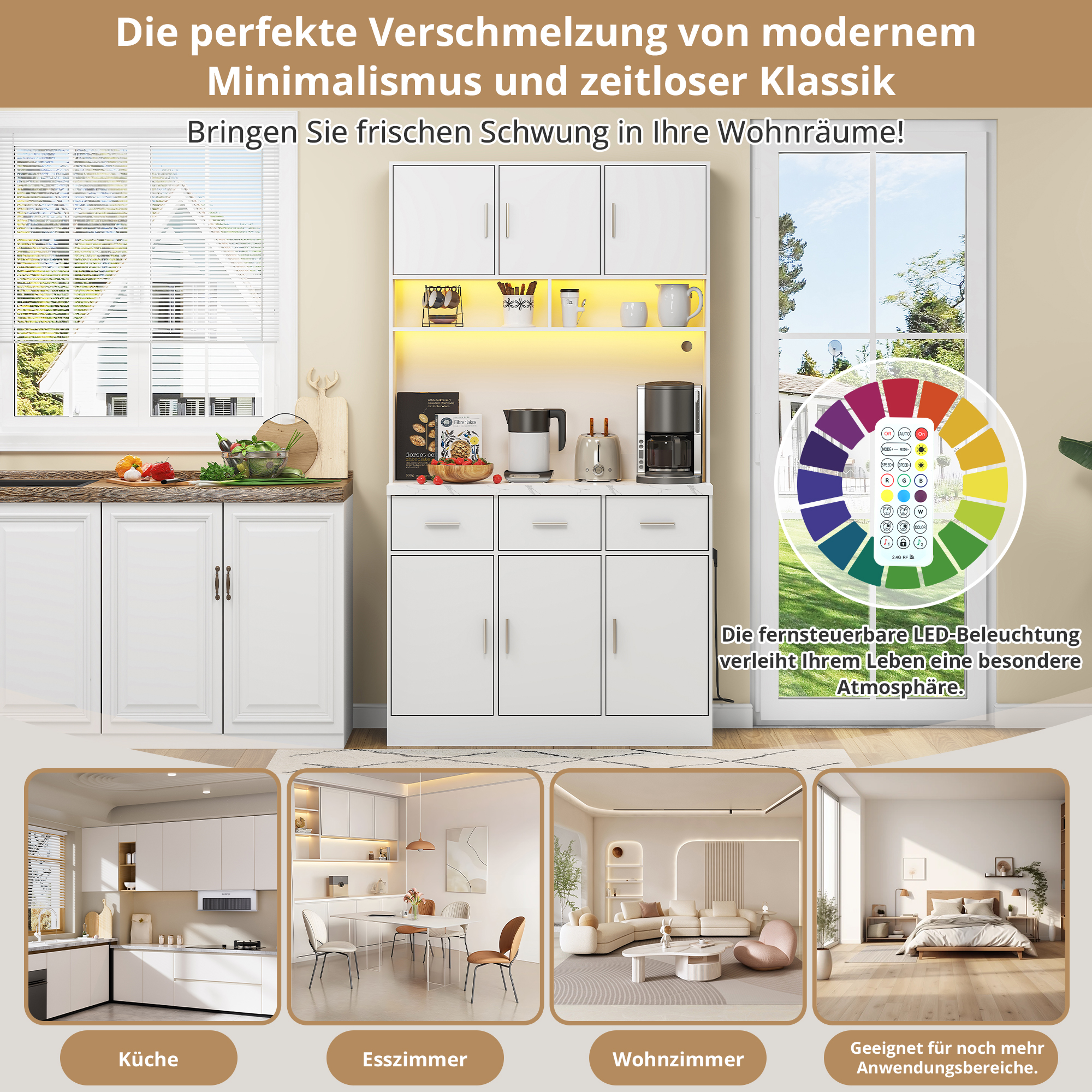 Eine weiße Küchenanrichte wird mit Details eines modernen, minimalistischen Designs und einer Fernbedienung mit Farbrad gezeigt.