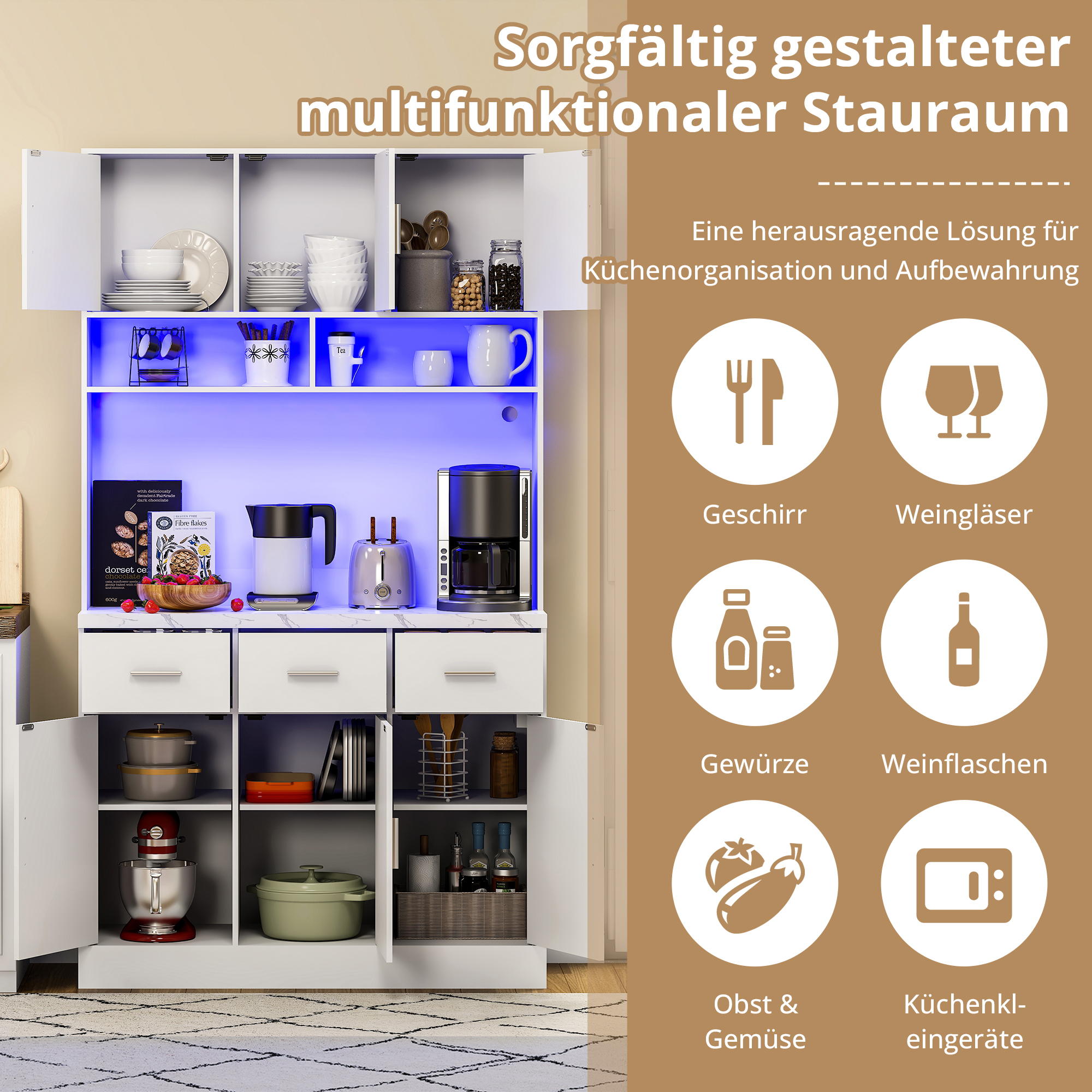 Ein weißer Küchenschrank gefüllt mit verschiedenen Küchenartikeln, mit blauen Lichtern im Regal.