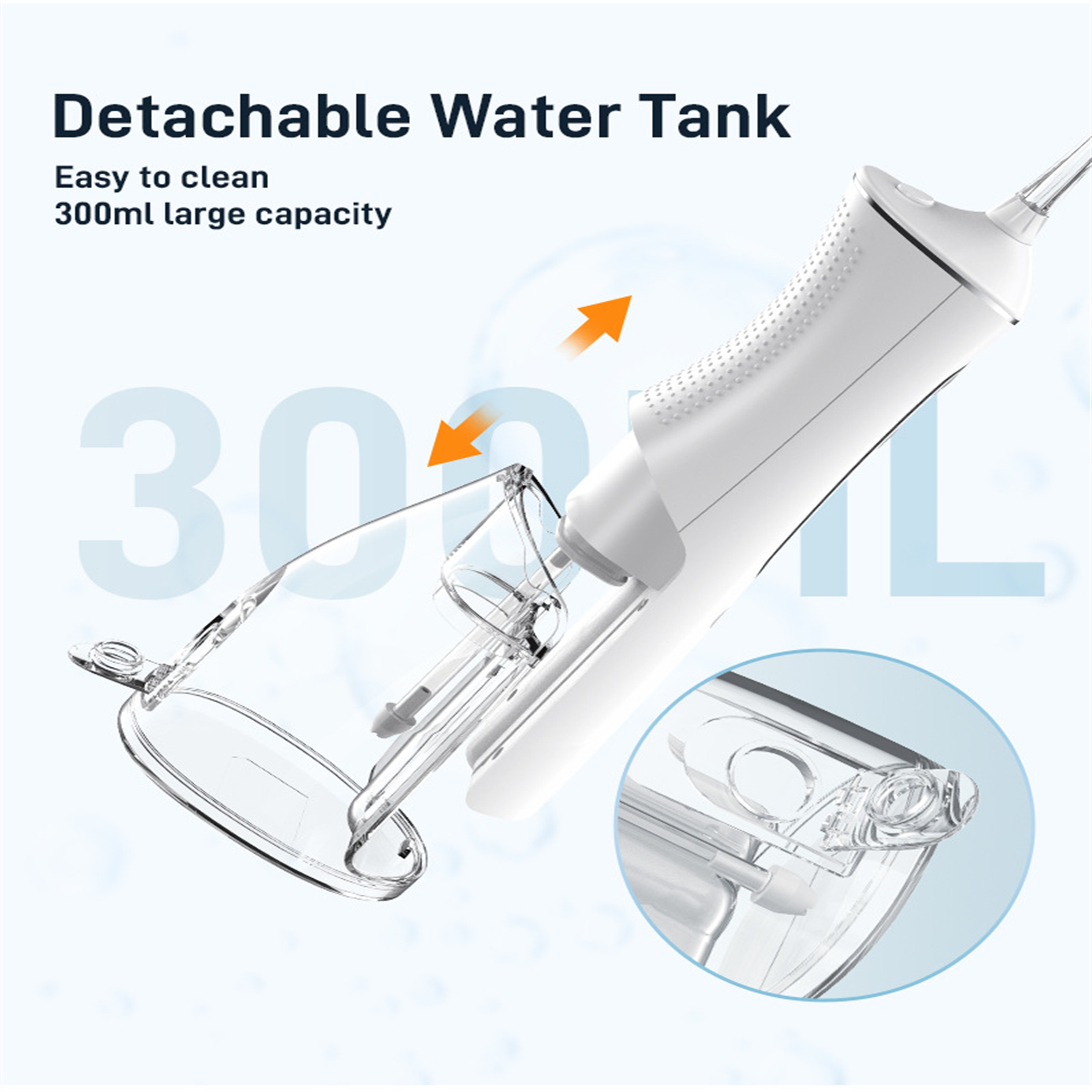 Weißer Mundduscher mit abgenommenem Wassertank. Pfeile zeigen die Entfernung des Tanks zur Reinigung an. Blauer Hintergrund mit großen Zahlen.
