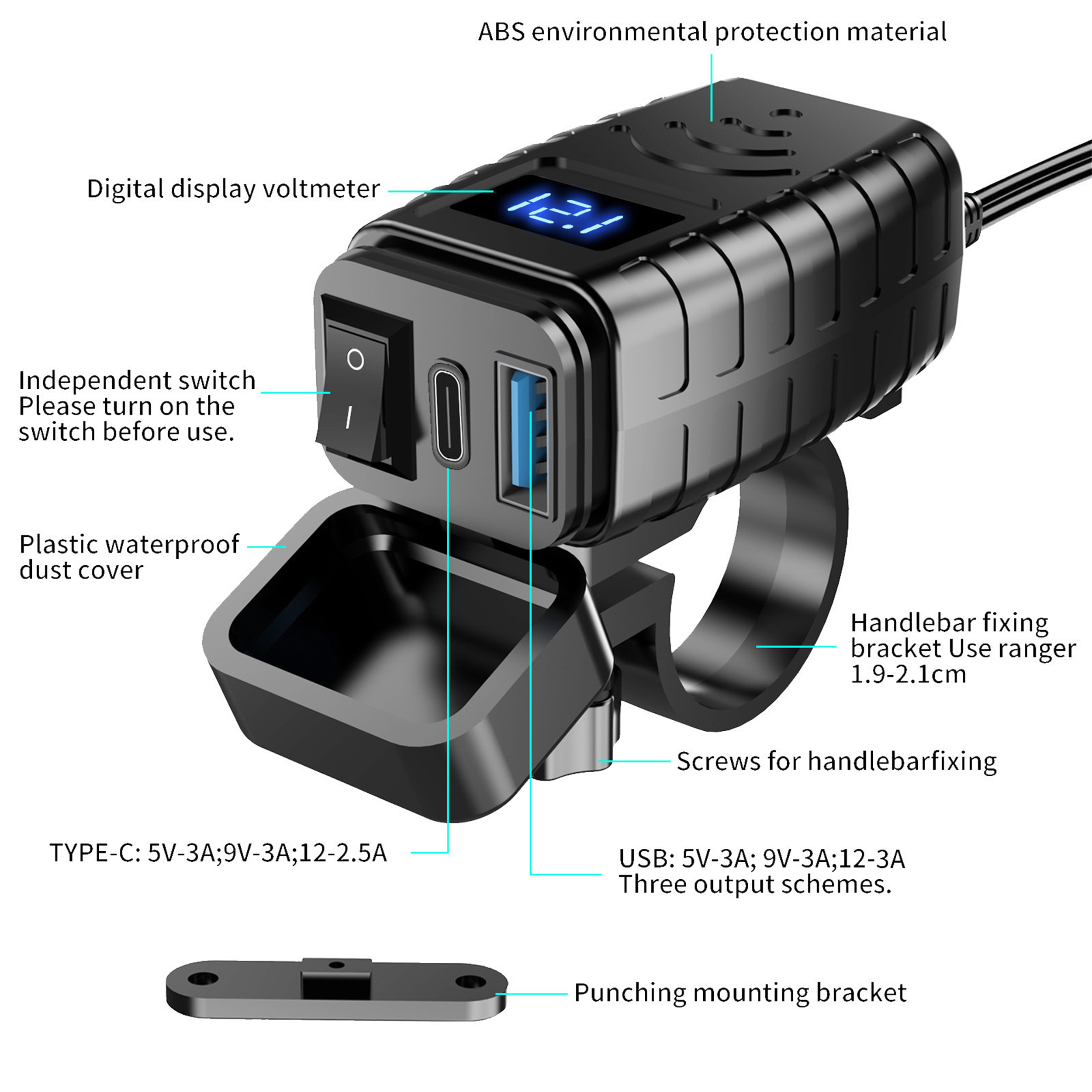 Das Bild zeigt ein schwarzes USB-Ladegerät mit beschrifteten Komponenten wie Voltmeter, Schalter, Staubschutz und Lenkerbefestigung.