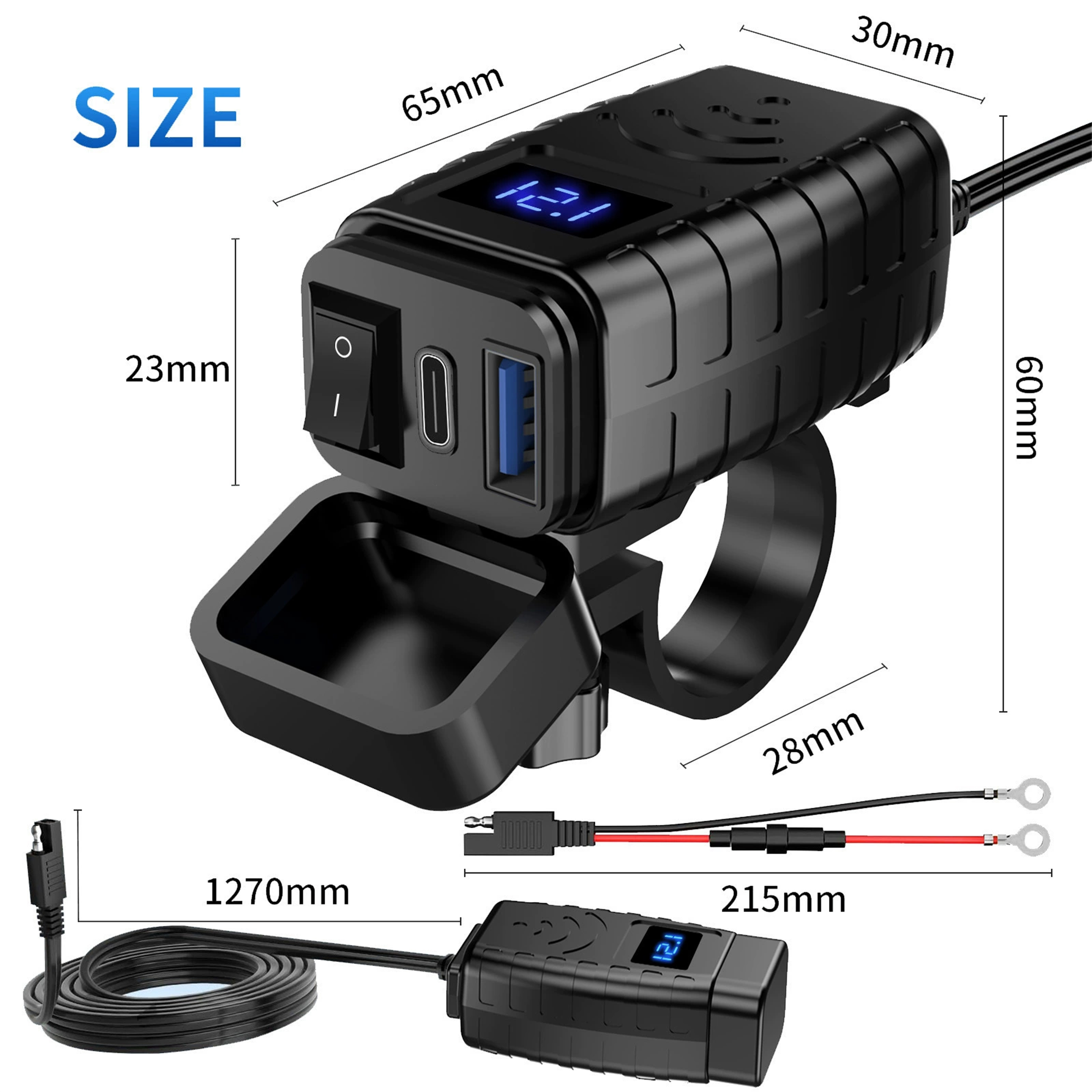 Das Bild zeigt die Abmessungen eines schwarzen USB-Ladegeräts und hebt seine Größe und die Länge seiner Kabel auf einem weißen Hintergrund hervor.