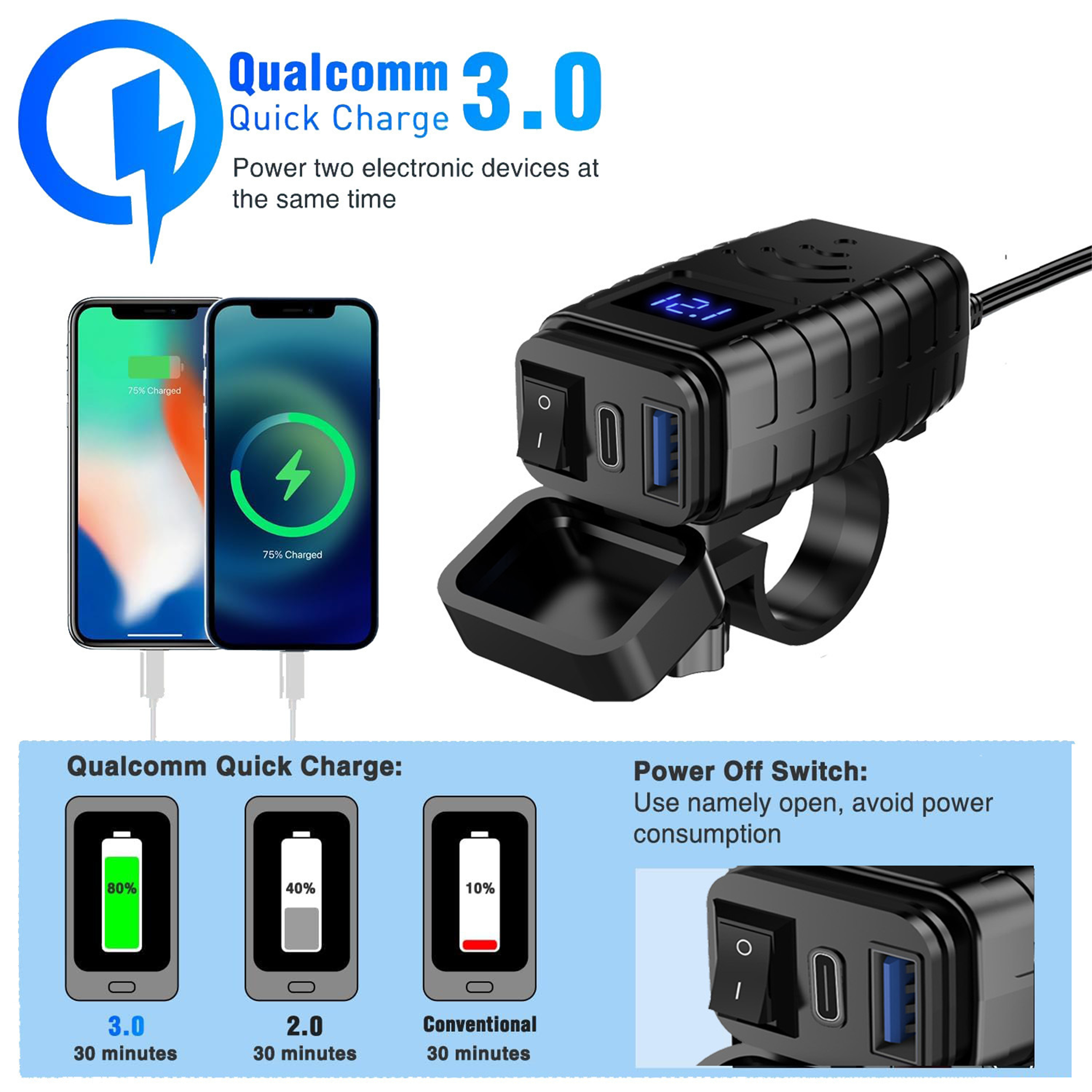 Quick Charge 3.0-Gerät. Zwei Handys werden aufgeladen. Zeigt auch einen Schalter und den Akkustand.