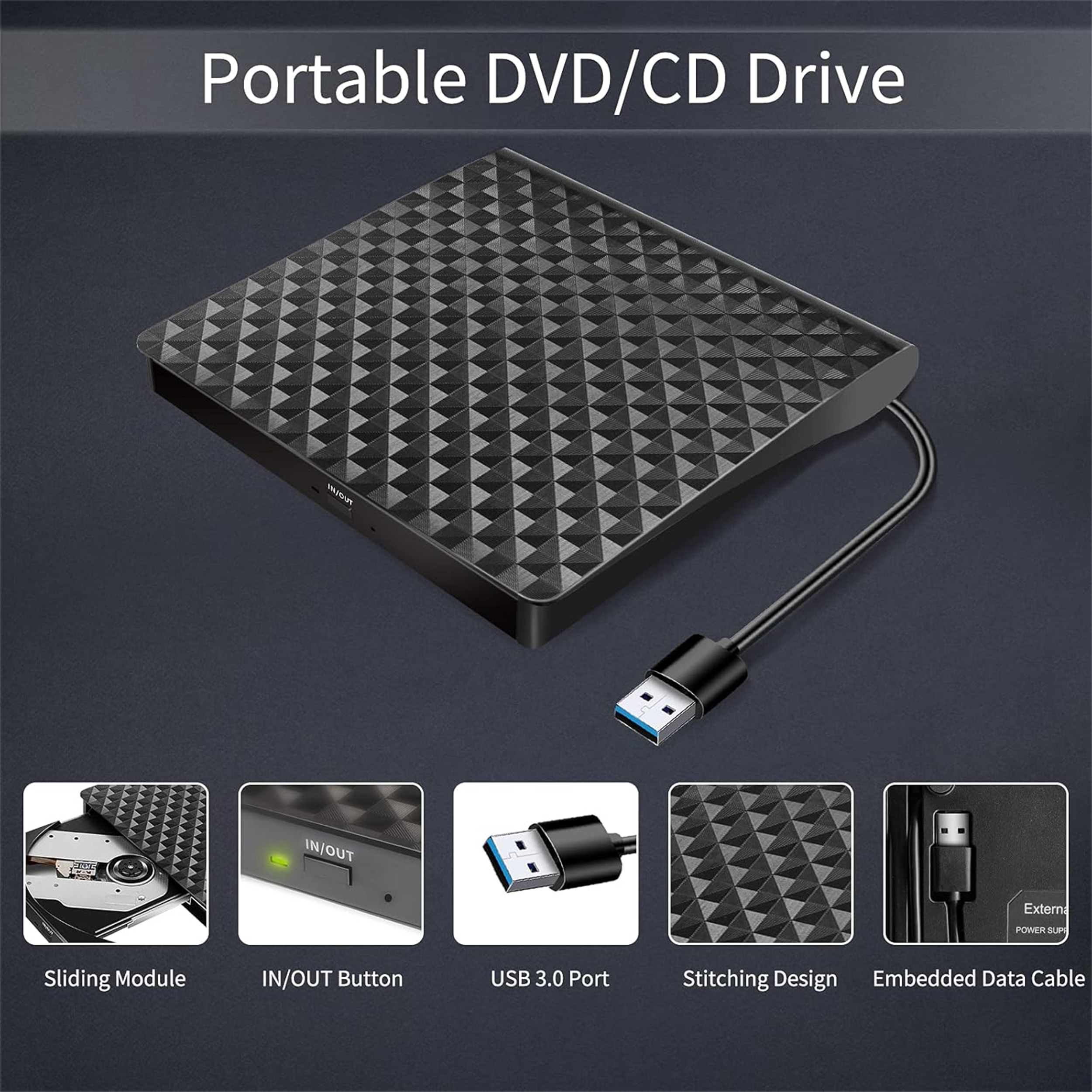 Das Bild zeigt ein tragbares DVD/CD-Laufwerk auf einer dunklen Oberfläche und hebt seine Funktionen wie den USB 3.0-Anschluss und das eingebettete Datenkabel hervor.