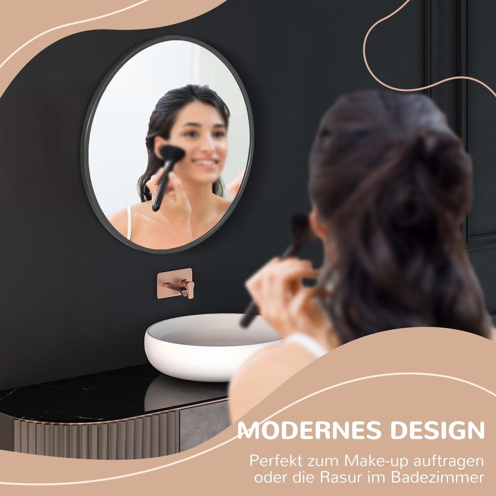 Frau, die sich im Badezimmer schminkt, spiegelt sich in einem runden Spiegel, mit Text 'MODERNES DESIGN'.