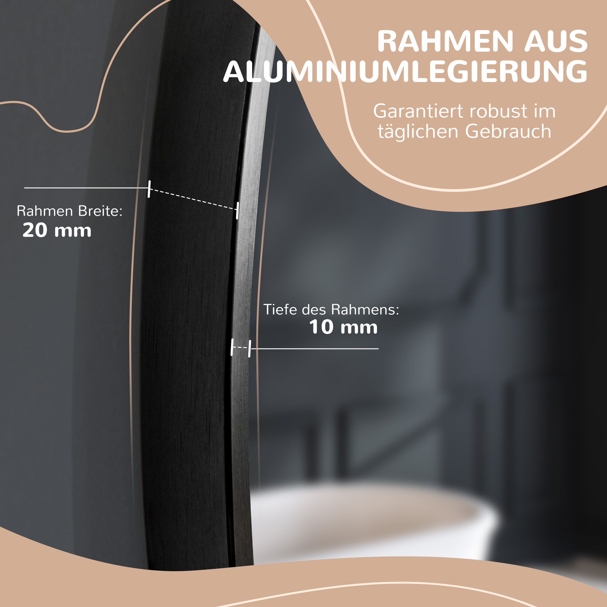 Nahaufnahme des Randes eines schwarzen Rahmens mit Maßangaben: 20 mm Breite, 10 mm Tiefe, mit Text.