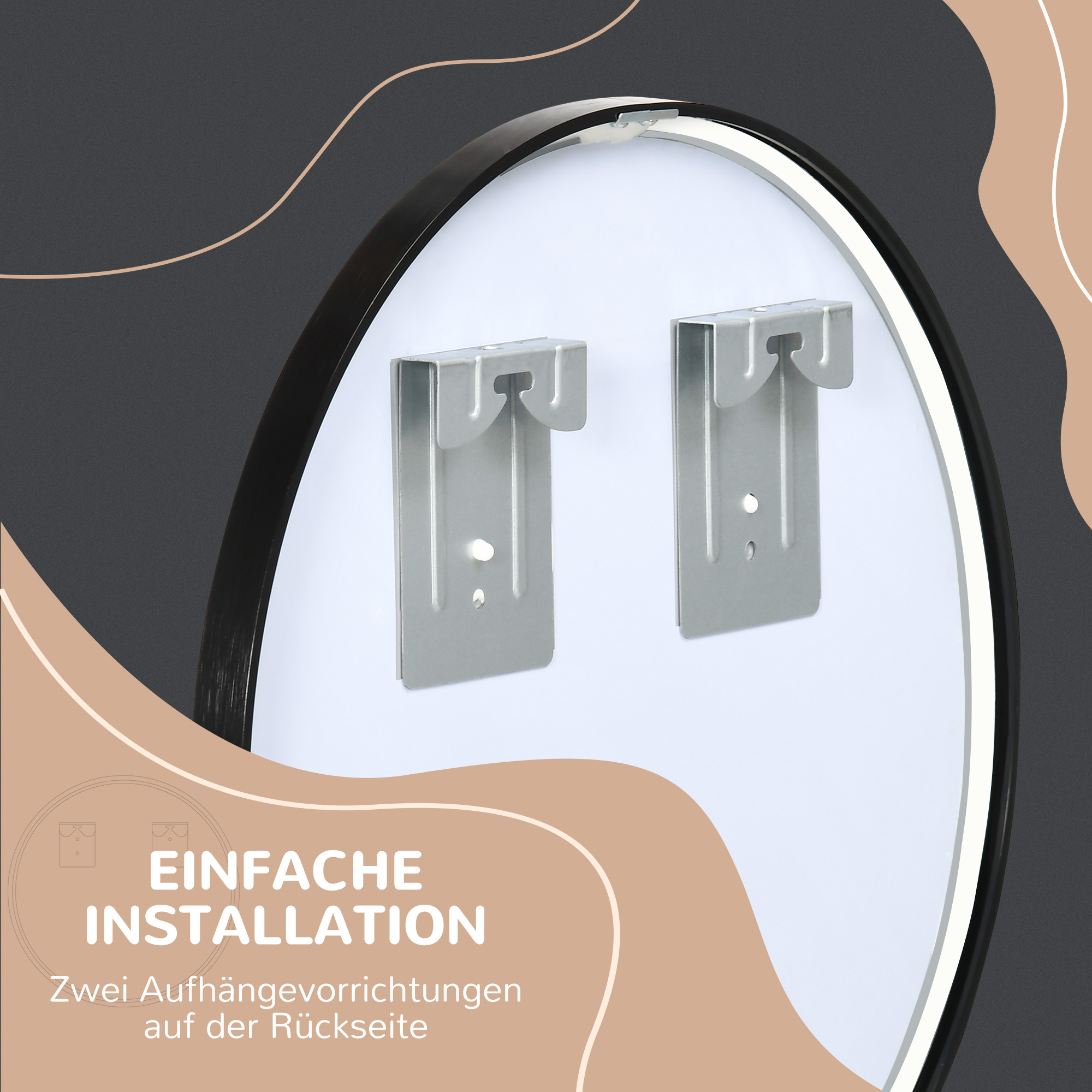 Nahaufnahme der Rückseite eines runden, schwarz gerahmten Spiegels, mit zwei Aufhängevorrichtungen, mit beschreibendem Text.