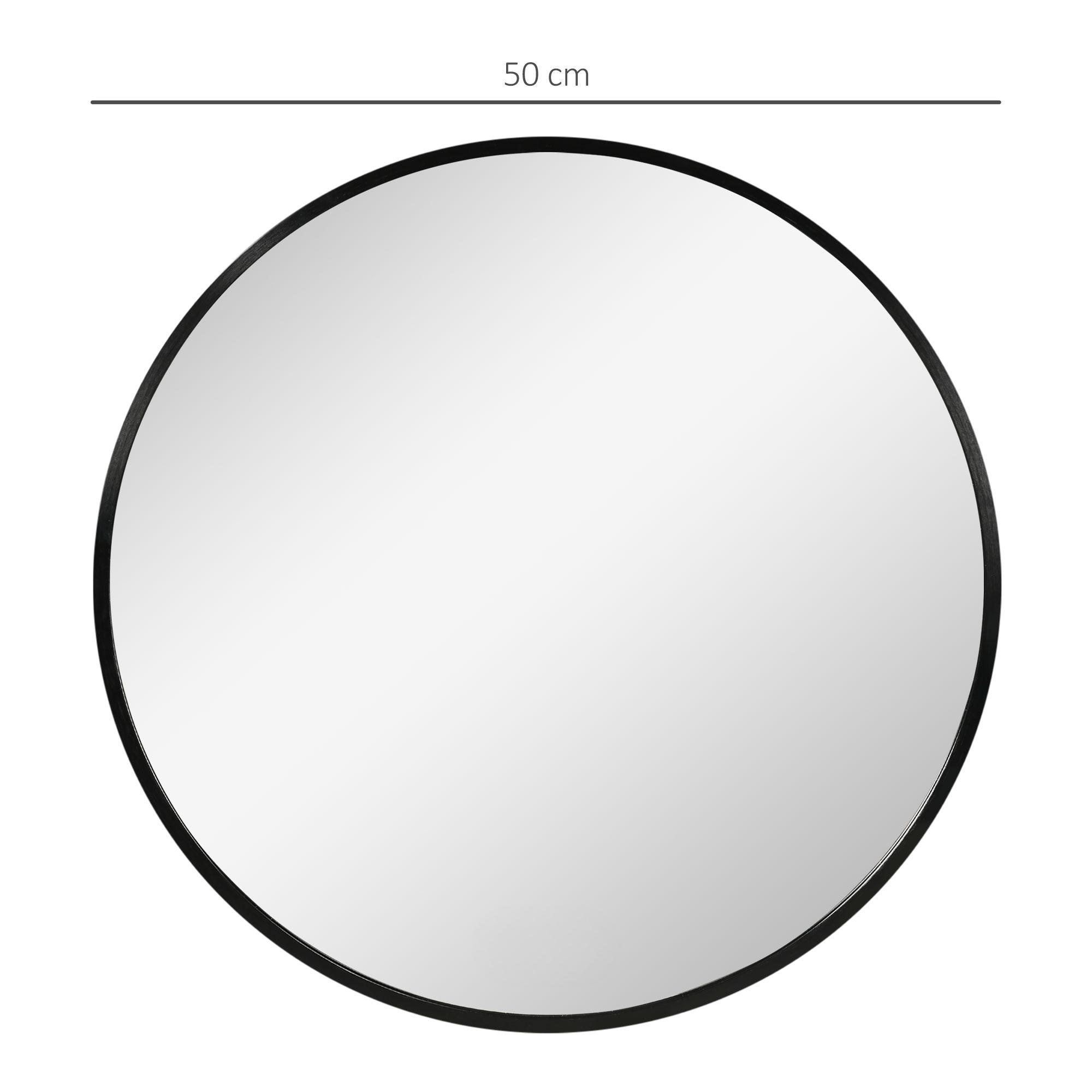 Ein runder, schwarz gerahmter Spiegel mit reflektierender Oberfläche, zeigt einen Durchmesser von 50 cm, vor weißem Hintergrund.