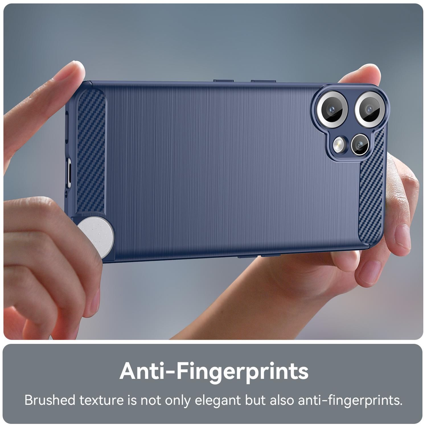 Hände halten eine dunkelblaue Handyhülle, zeigen gebürstete Textur und Anti-Fingerprint-Anspruch.