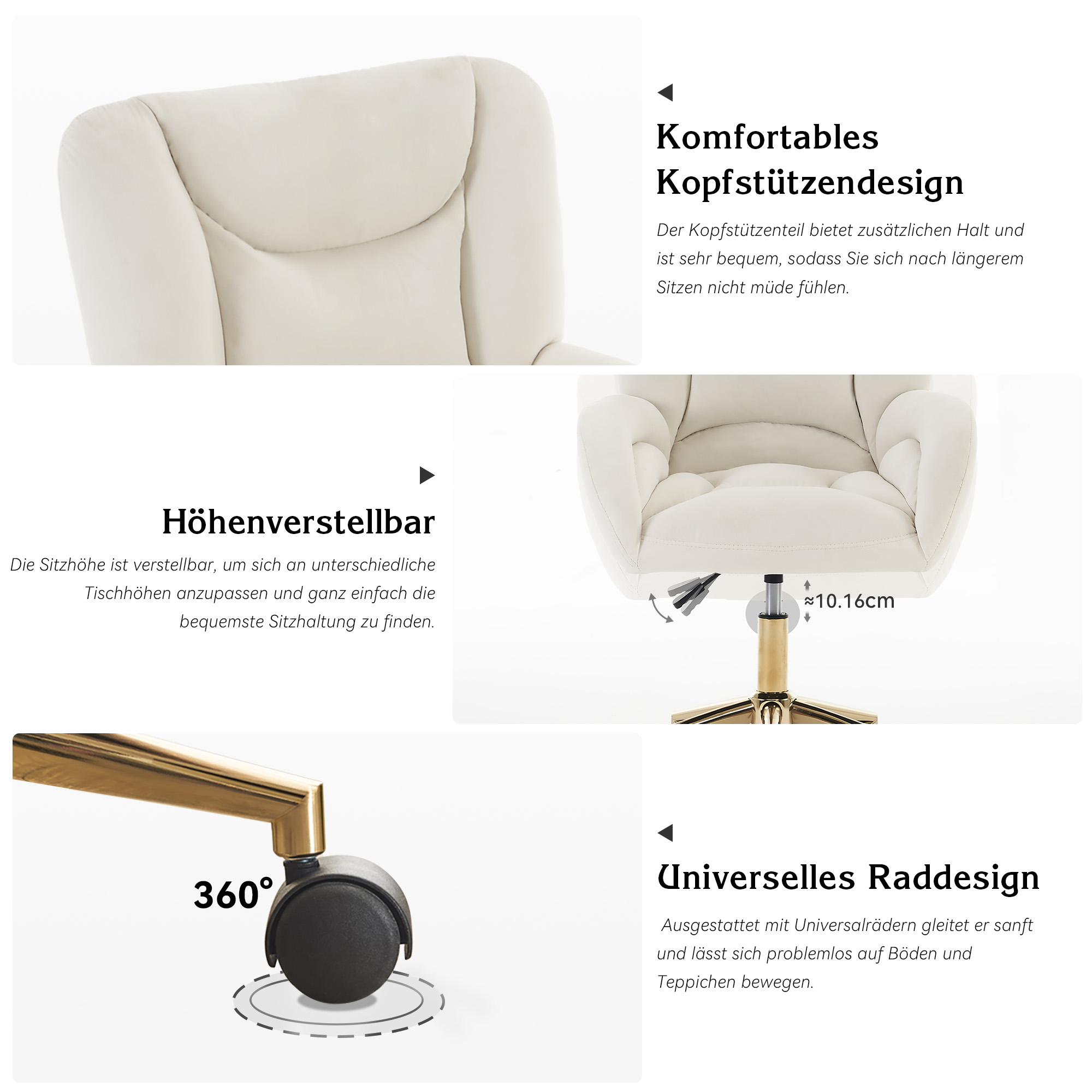 Cremefarbener Bürostuhl mit goldenem Fuß, Details zum Design und den Funktionen des Stuhls.