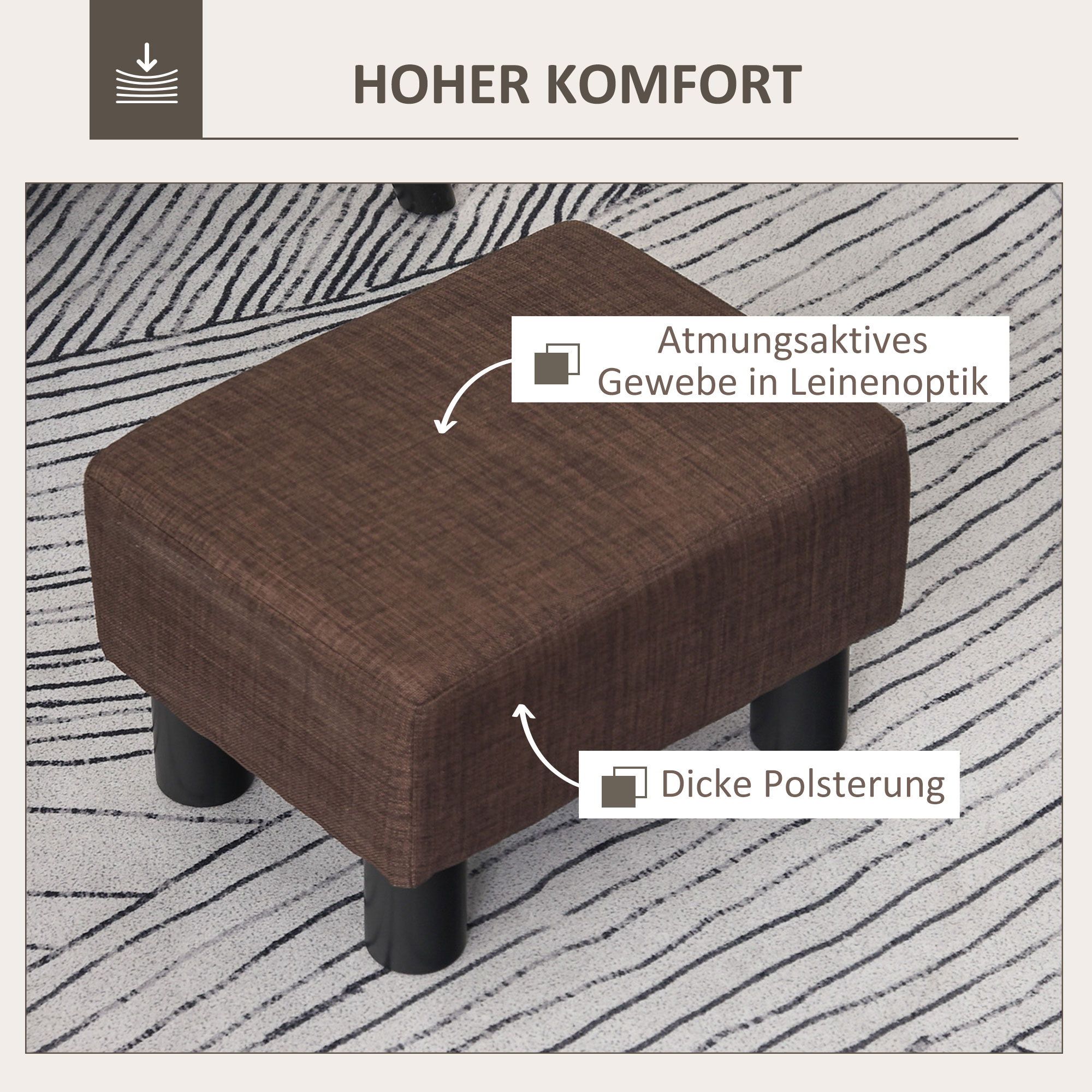 Ein brauner, gepolsterter Hocker mit schwarzen Beinen und einem schwarzen Innenraum, der Stauraum zeigt.
