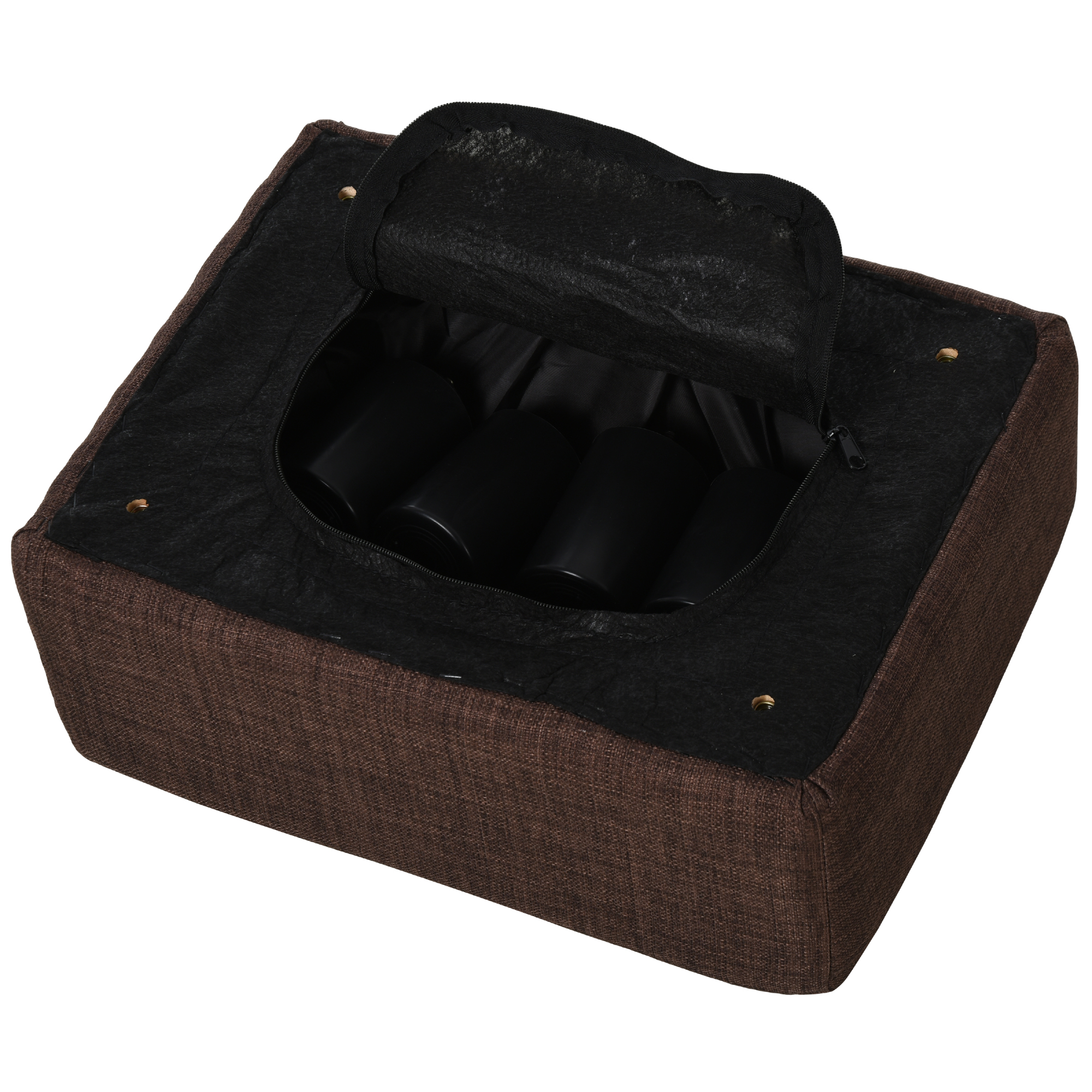 Ein offener, brauner Aufbewahrungs-Hocker mit schwarzem Innenraum und schwarzen, zylindrischen Stützen innen.