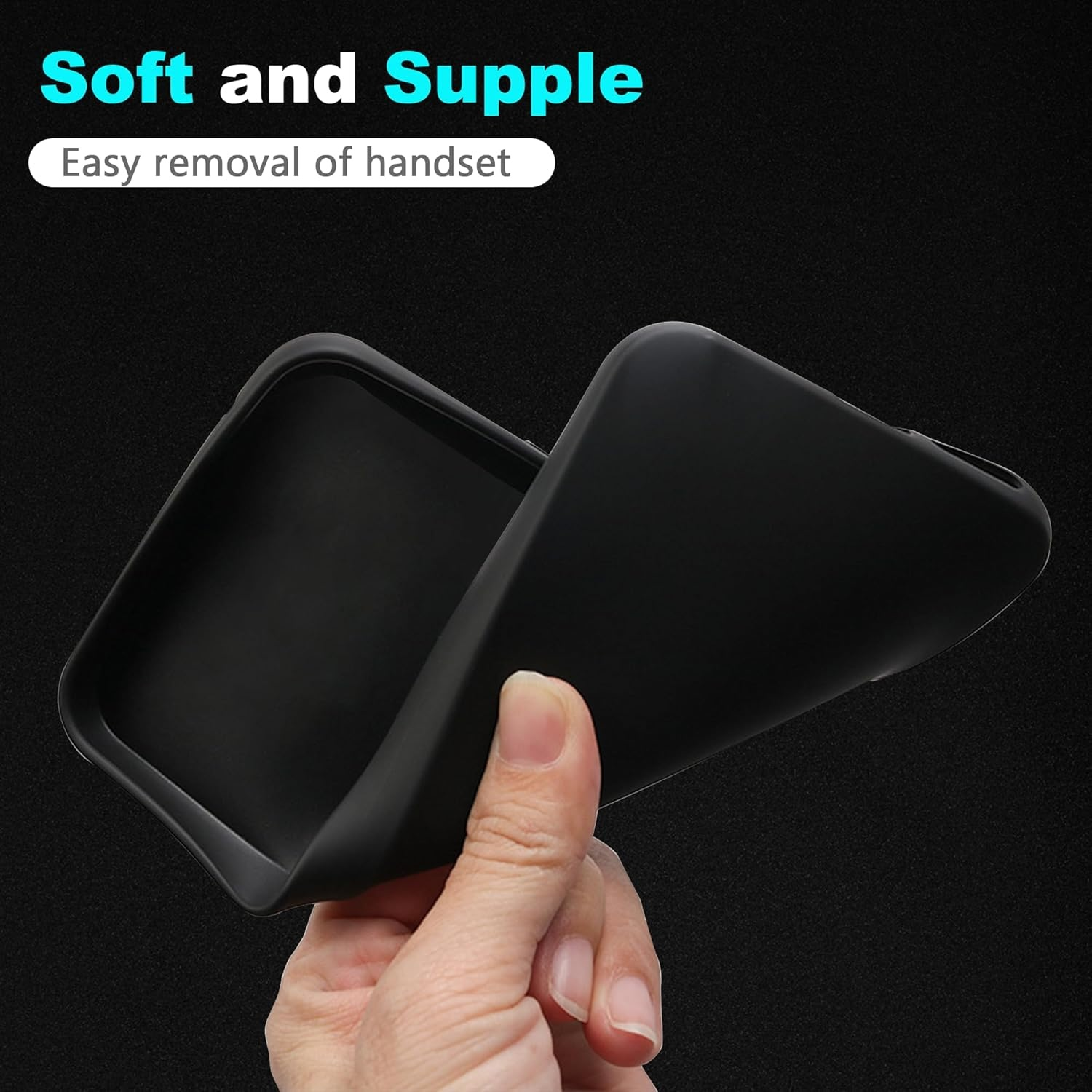 Eine Hand, die eine schwarze Handyhülle hält und ihre Flexibilität zeigt. Text: Soft and Supple.