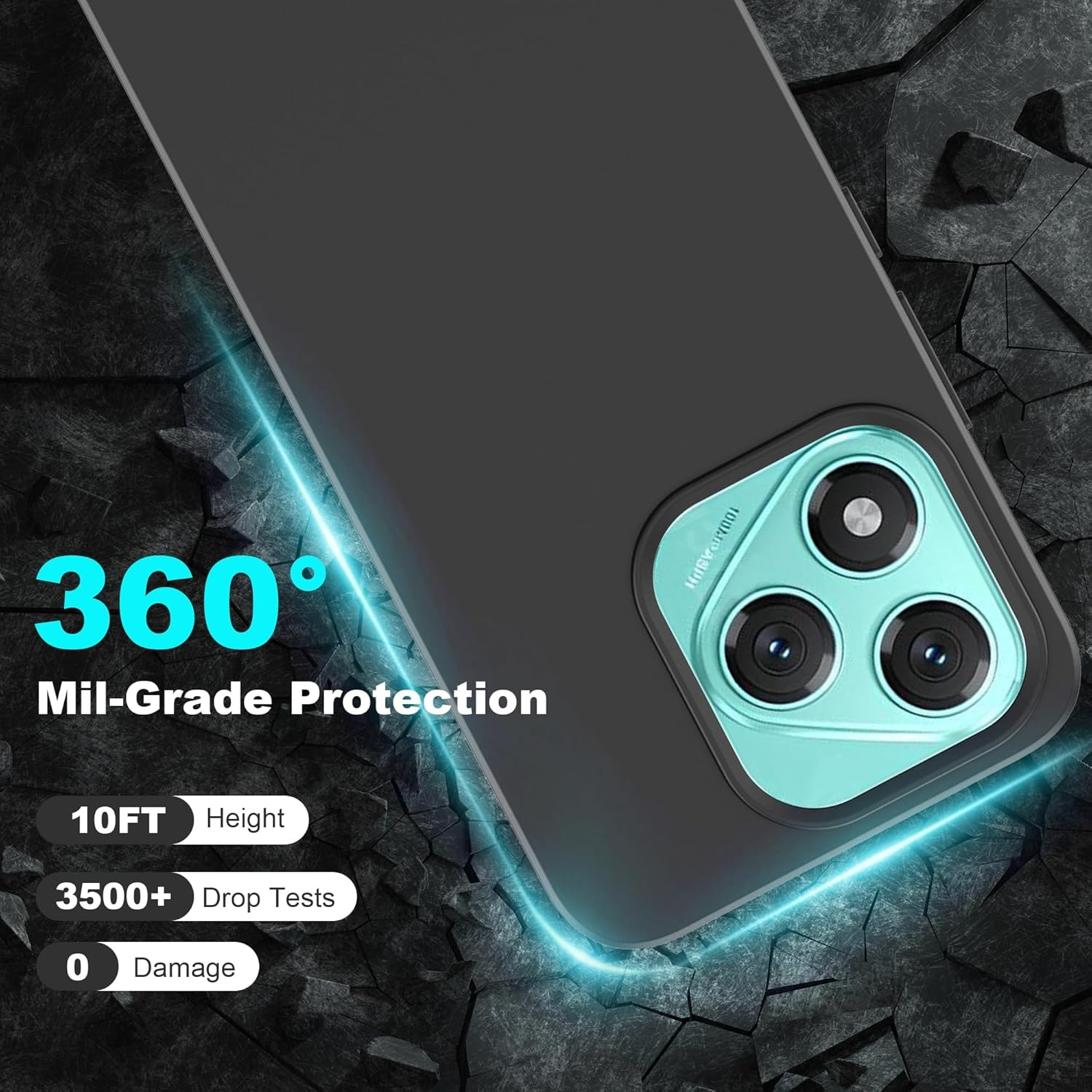 Smartphone in schwarzem Gehäuse. Text: 360 Mil-Grade Protection. Falltests und Höheninfo.