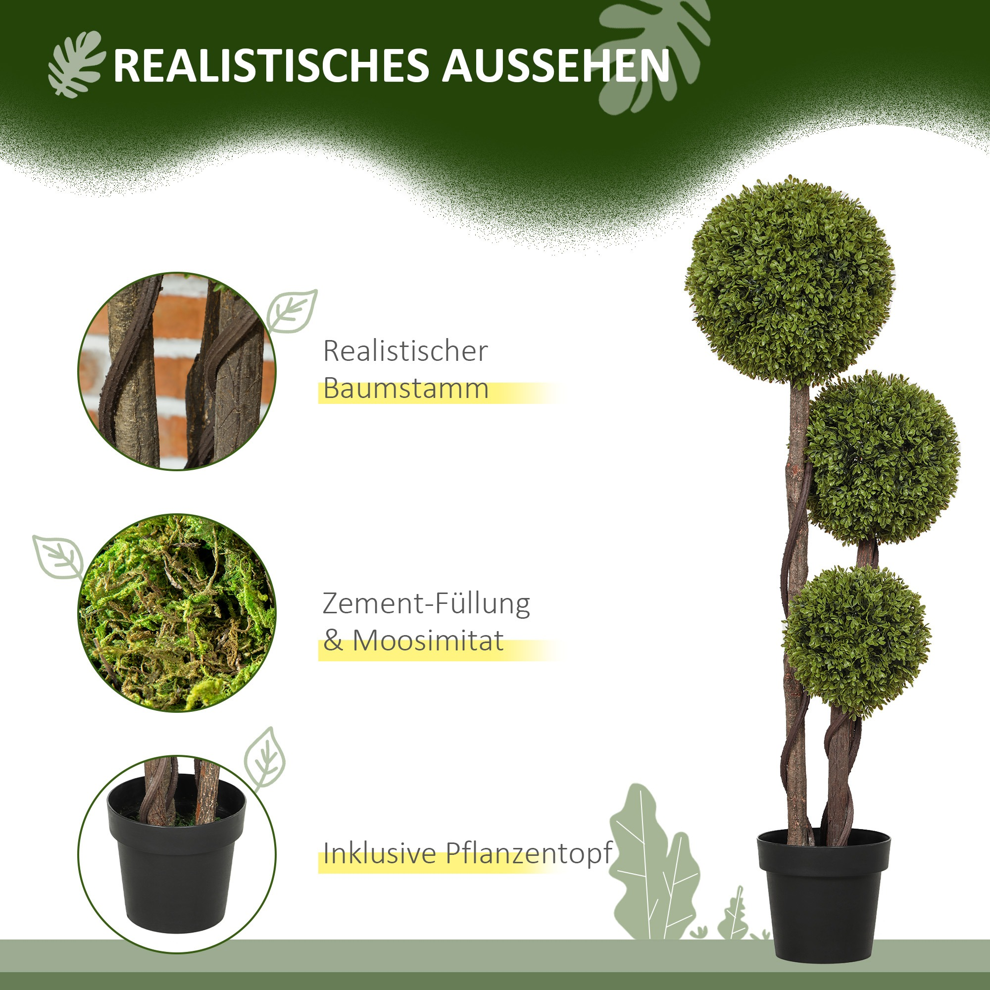 Künstlicher Buchsbaum mit drei grünen, kugelförmigen Formen auf braunen Stämmen in einem schwarzen Topf.