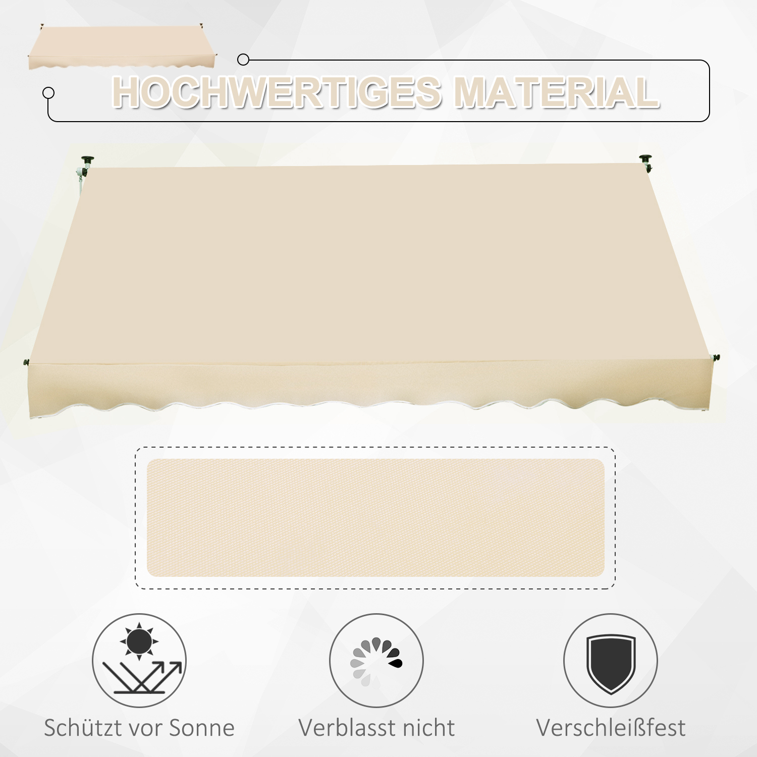 Eine beige Markise mit deutschem Text. Sie enthält Symbole, die Sonnenschutz, Lichtechtheit und Haltbarkeit anzeigen.