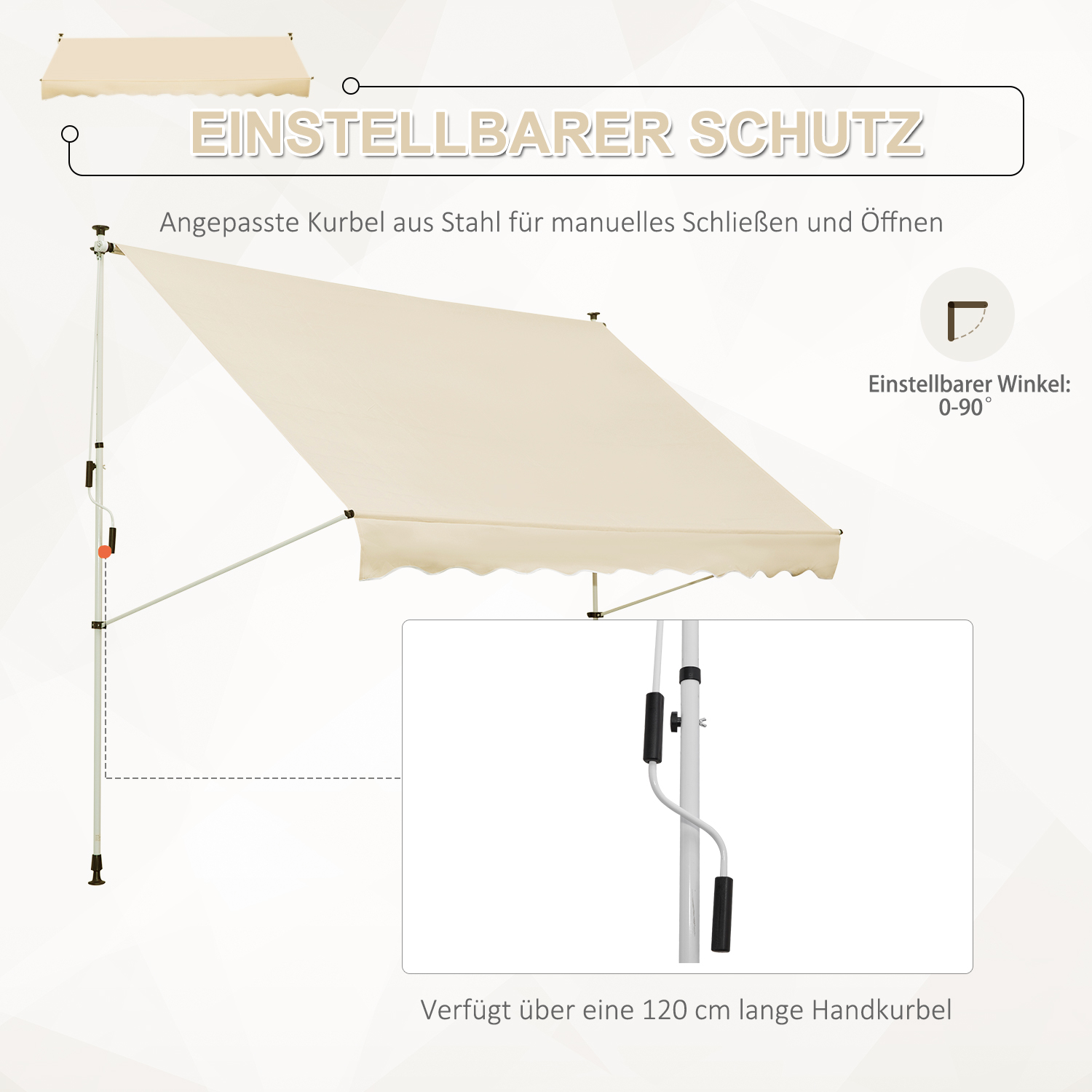 Ein beiges ausziehbares Markisenschild mit deutschem Text. Eine Nahaufnahme zeigt einen Griff und die Tragstruktur.