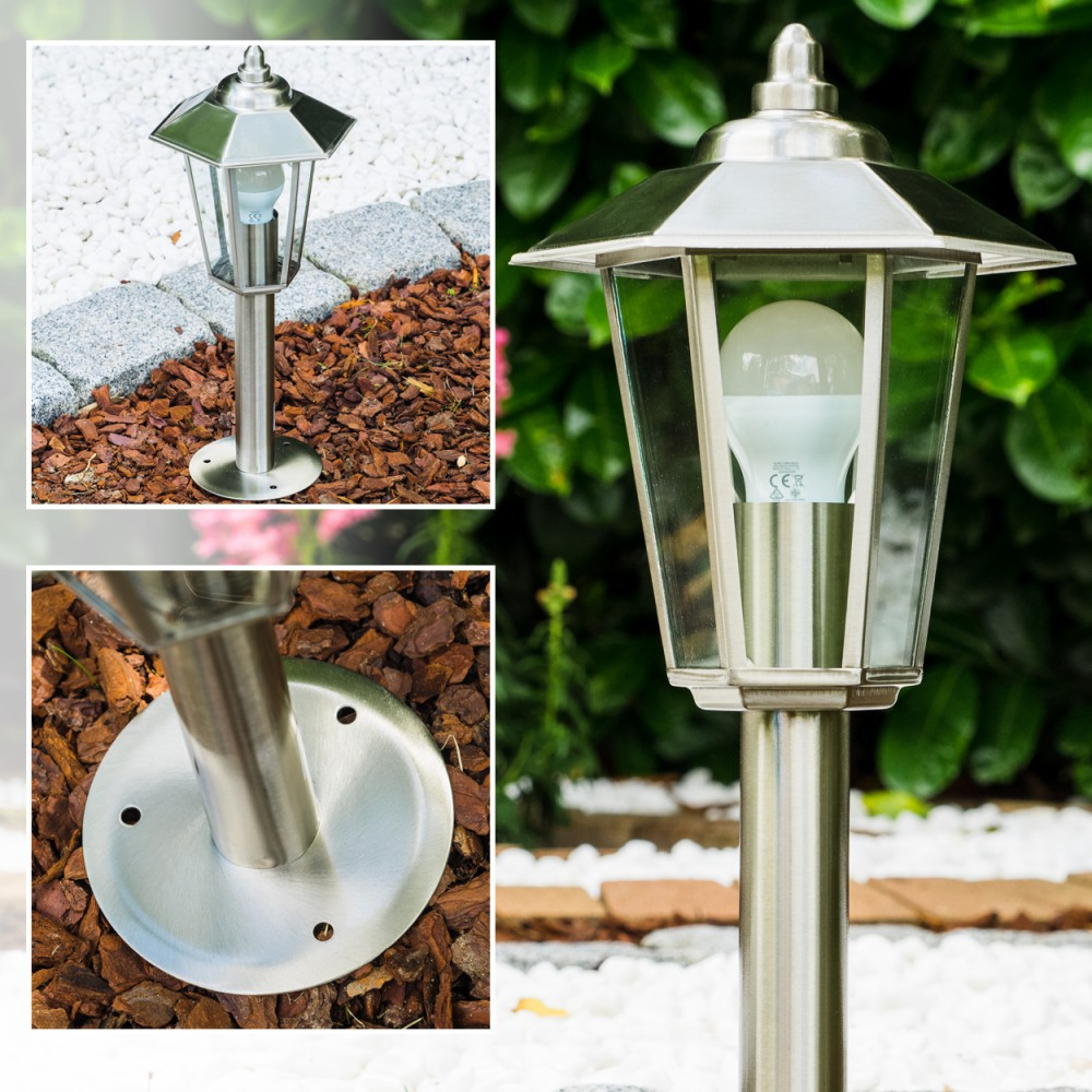Drei Bilder einer Gartenleuchte. Das Licht ist silberfarben und hat eine Glasoberseite.