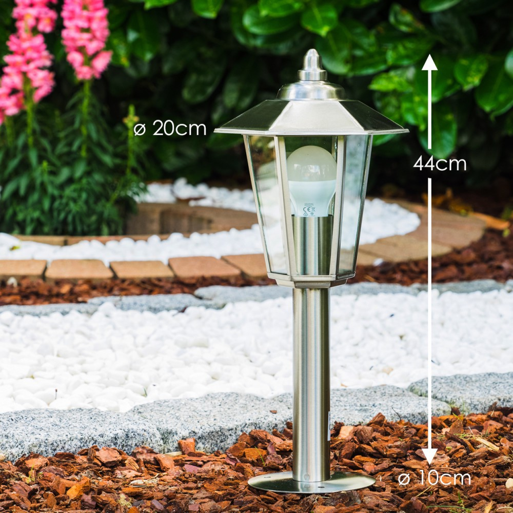 Eine Gartenleuchte mit Glasoberteil, Abmessungen werden angezeigt: 20 cm, 44 cm, 10 cm.